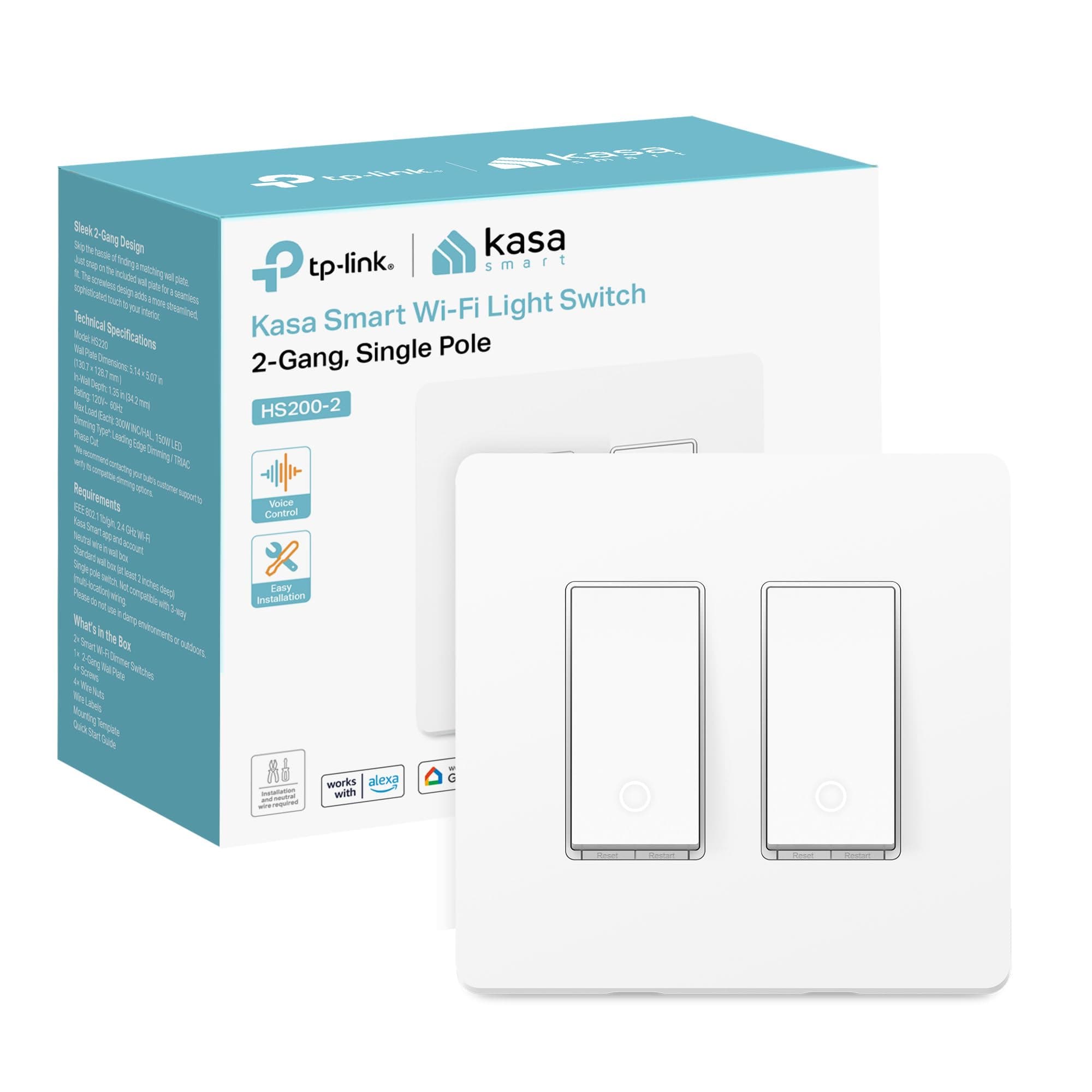 Switch 2-Gang HS200-2, Single Pole,Neutral Wire Required, 2.4GHz Wi-Fi Light Switch Compatible with Alexa and Google Home, UL Certified, No Hub Required, White