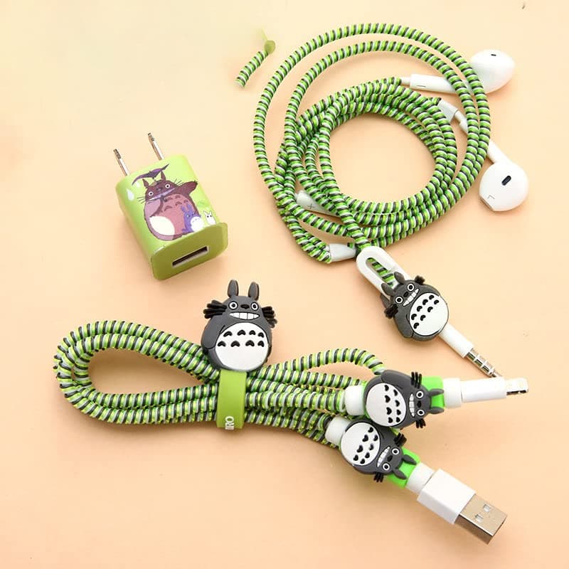 Careflection 6-in-1 Multi Combo Spiral USB Cable Protectors + Earphones Winder + Sticker + Cable Clips + Earphone Jack Clip for Old 5W Apple iPhone iPad Charger (Studio Ghibli Totoro)