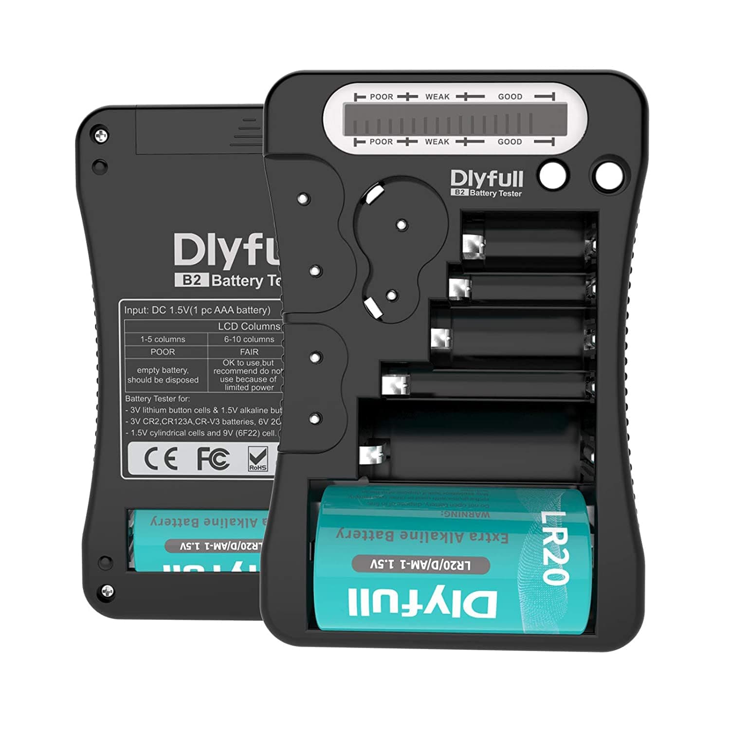 Dlyfull Universal Battery Tester with LCD Display, Multi Purpose Small Battery Checker for AA AAA C D 9V CR2032 CR123A CR2 CRV3 2CR5 CRP2 1.5V/3V Button Cell Batteries
