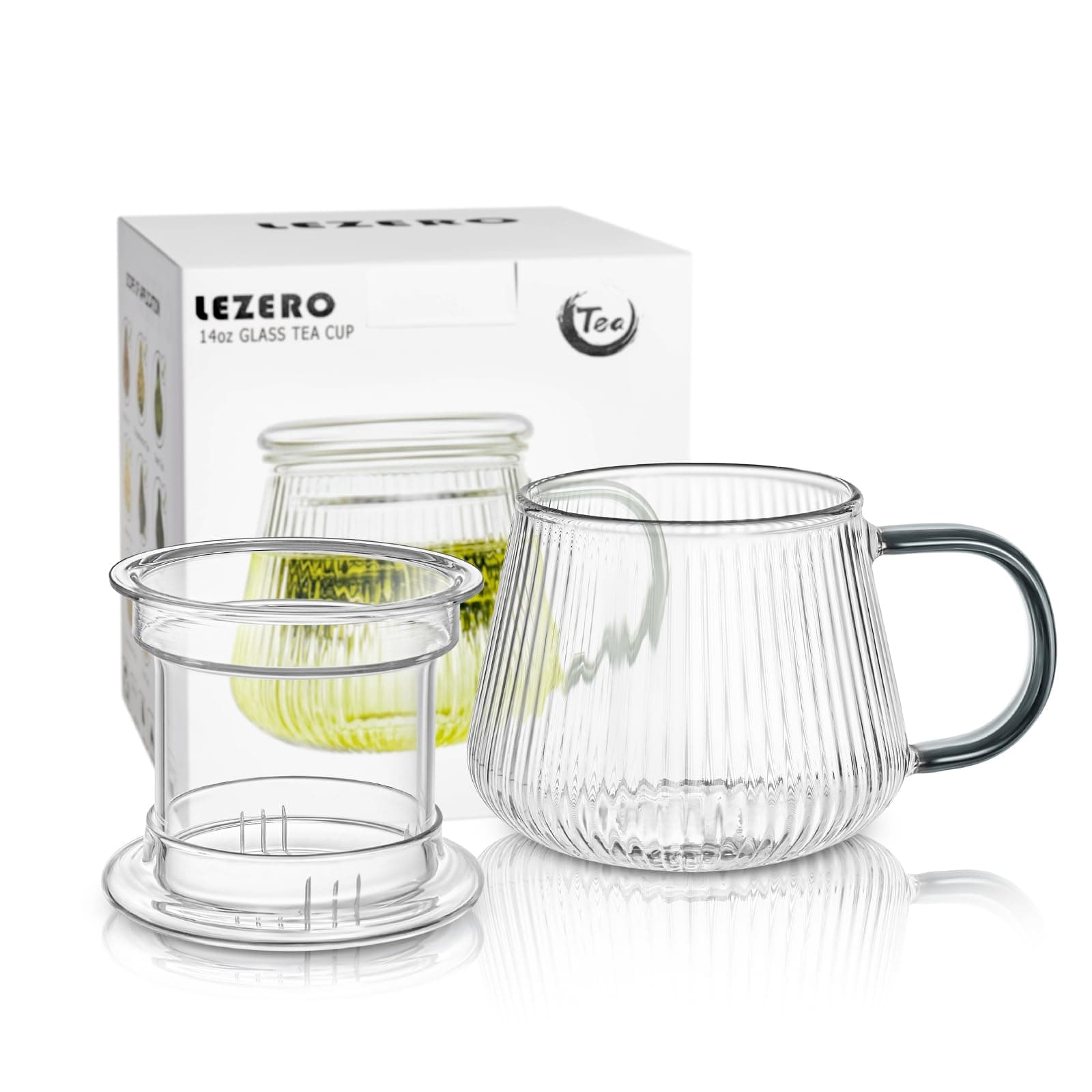 Lezero Tea Infuser Cup with Filter and Lids, Borosilicate Glass Mugs with Strainer for Blooming & Loose Leaf, Lead-free, Microwave & Dishwasher Safe, 14oz
