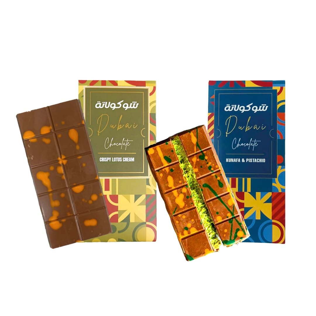 – Dubai chocolate bundle : 2 PCS Dubai Chocolate filled chocolata bar: 1 pistachio Kunafa and 1 lotus 200gm each