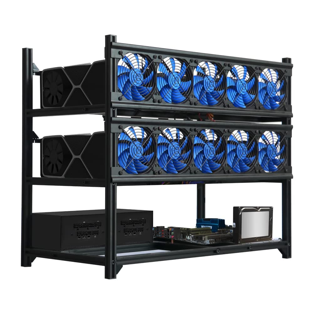 Kingwin Kingwin Professional Aluminum 12 GPU Miner Case Stackable Mining Case Rig Open Air Frame for Cryptocurrency Mining Ethereum(ETH)/ETC/ZCash Excellent Air Convection Design to Improve GPU Perfor