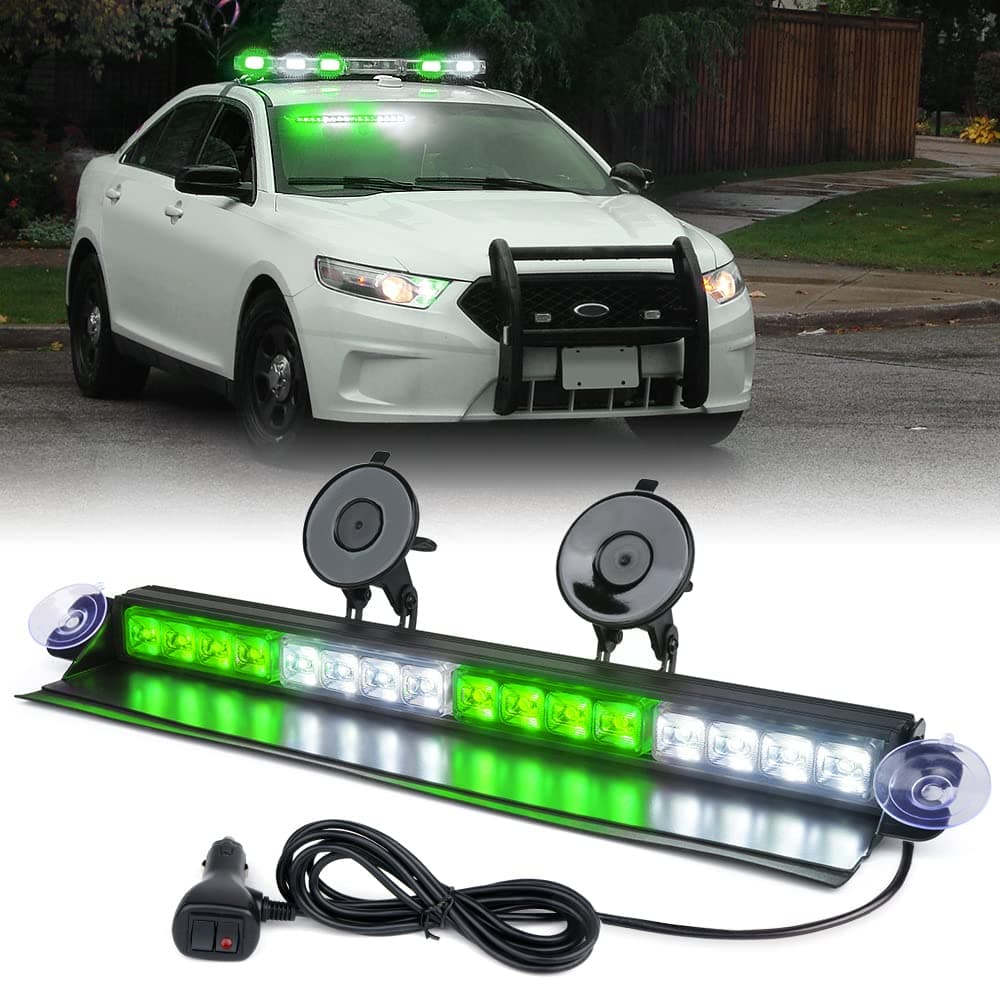 Xprite Windshield Dash Strobe Light Bar Aluminum w/Suction Cups, Back Window Deck Hazard Warning Security Flashing Traffic Lights for Emergency Law Enforcement POV Vehicles Trucks - White&Green