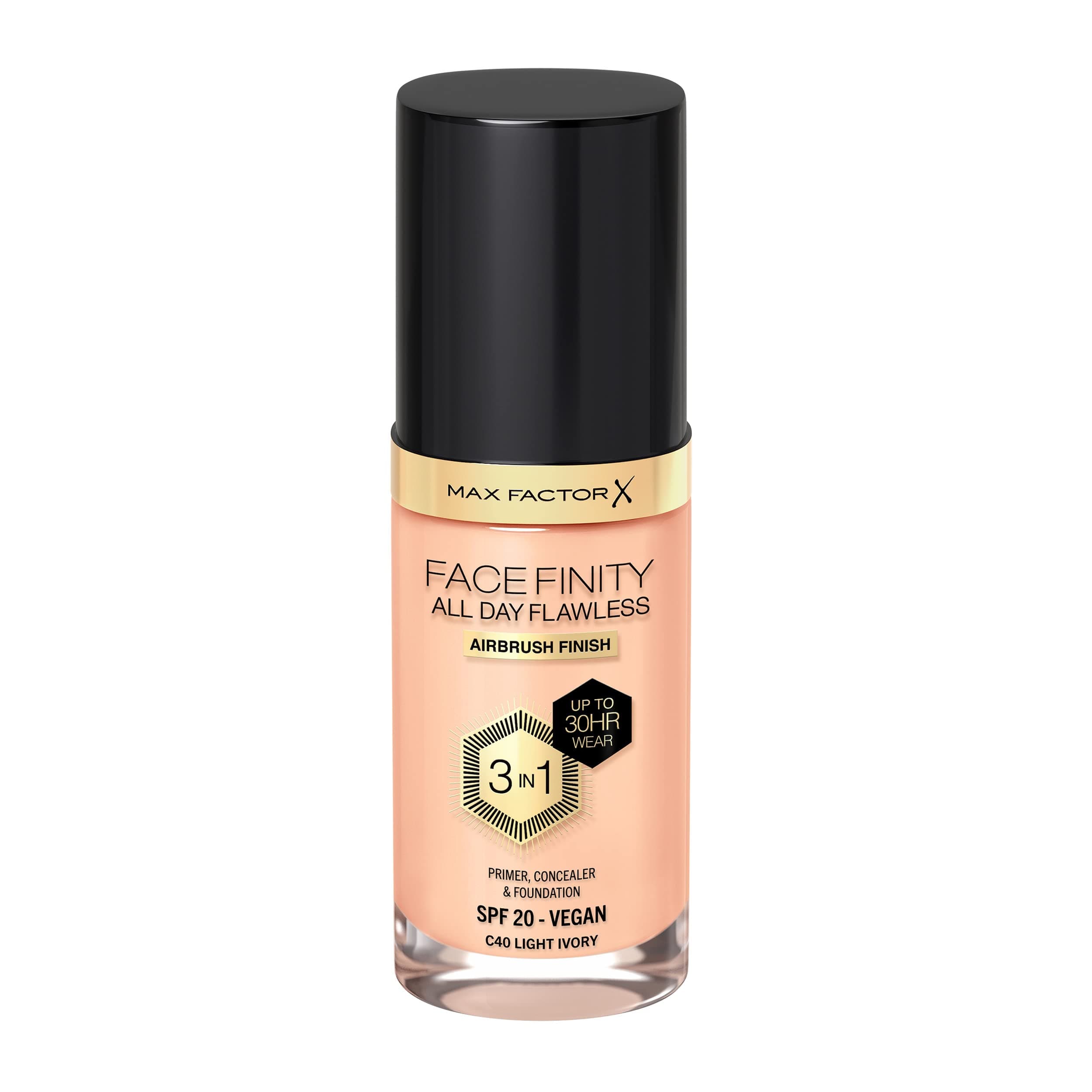 Facefinity 3-in-1 All Day Flawless Liquid Foundation, SPF 20 - 40 Light Ivory, 30 ml