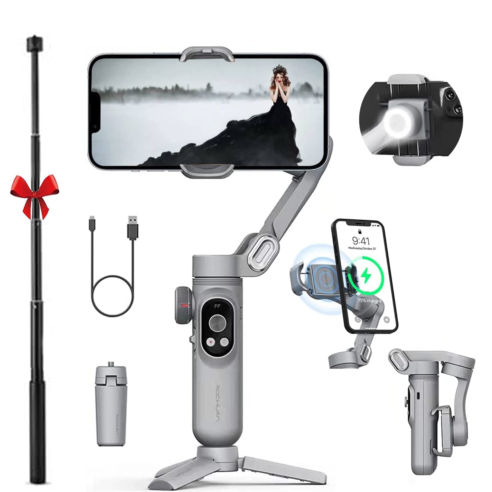 Smart X Pro Stabilizer Gimbal for iPhone 13/12/11/x/Android Smartphone, Premium Stability Performance Focus Point Setting/Wireless Charging + Extension Rod and Tripod