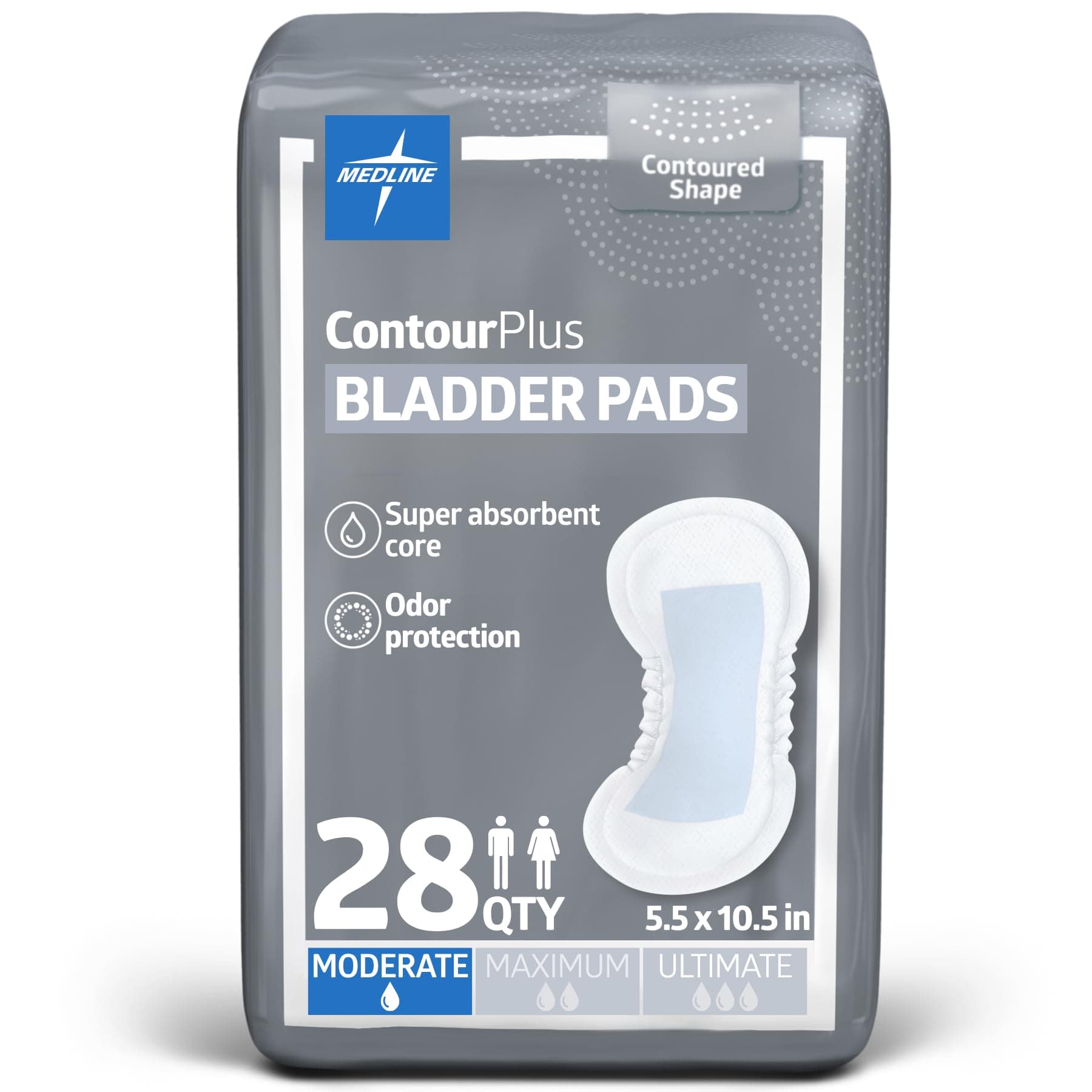 ContourPlus Bladder Control Incontinence Pads, Moderate Absorbency, 5.5" x 10.5", 28 Count