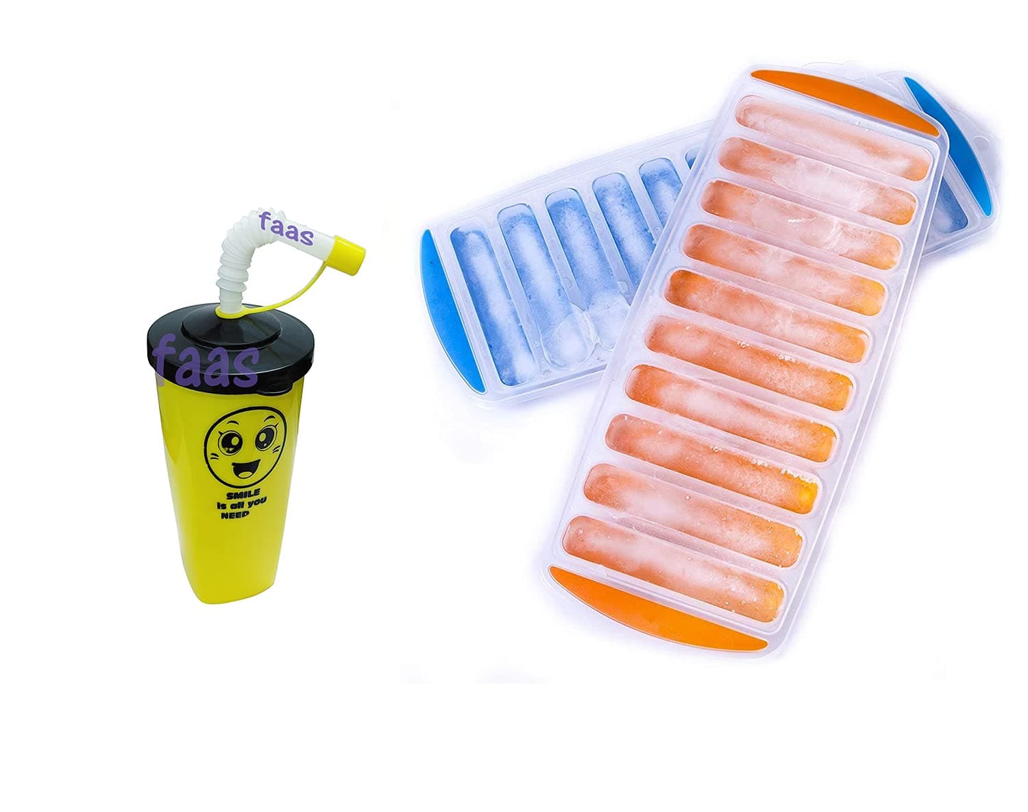 faas Water Bottle Ice Cube Trays Pop-Out Silicone Make 30 Frozen Cylinder Sticks & Sipper Glass With Lid (PACK OF 3) (Multicolor)