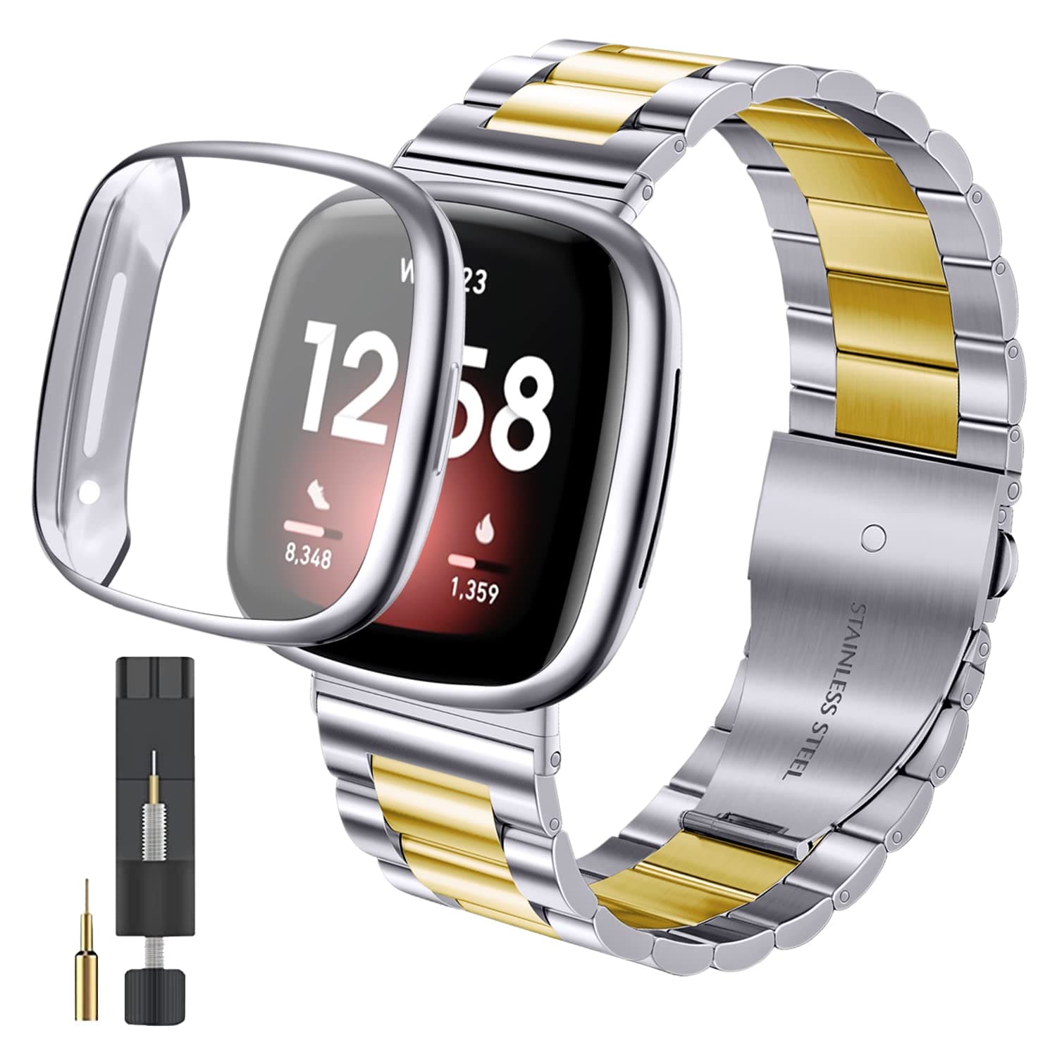 ZPJPPLX for Fitbit Versa 4/Sense 2 Solid Stainless Steel Wrist Band with Watch Case,for Versa 3/Sense Metal Replacement Straps and Screen Protection Case for Women Men