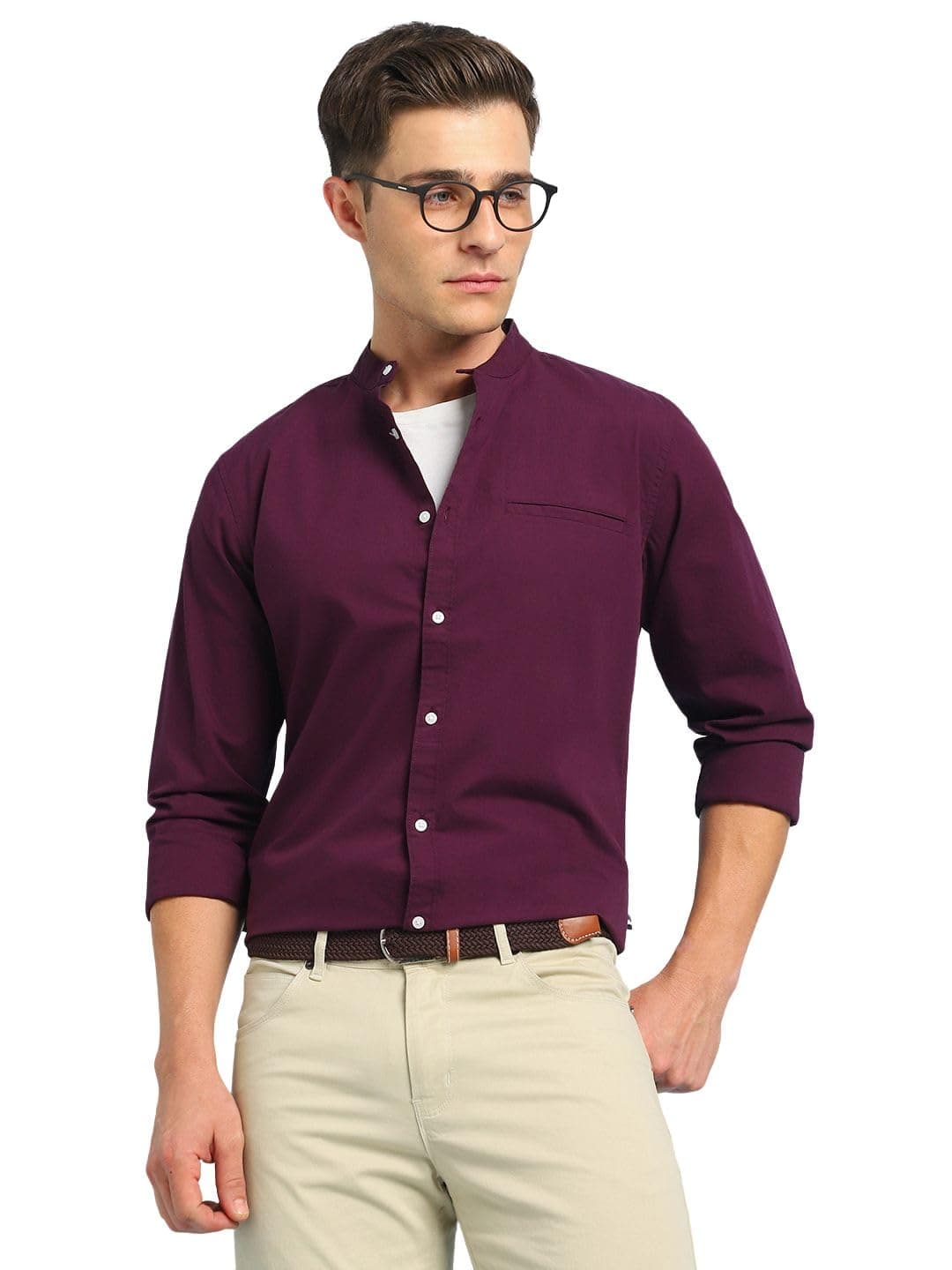 Men Cotton Solid Mandarin Collar Full Sleeves Regular Fit Casual Shirt