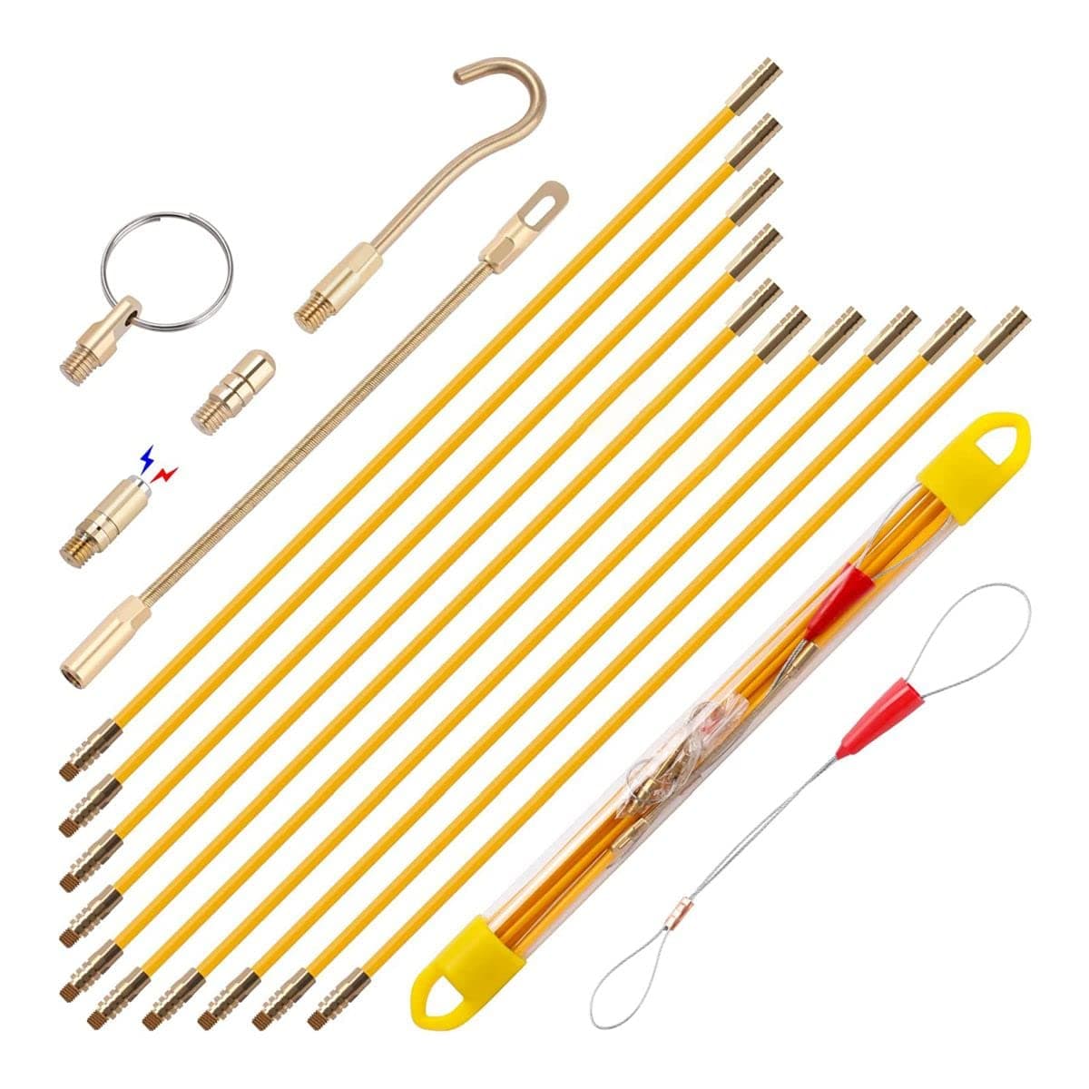33' Fiberglass Running Electrical Wire Cable Pulling Fish Tape kit with 5 different attachments in a Carrying Case