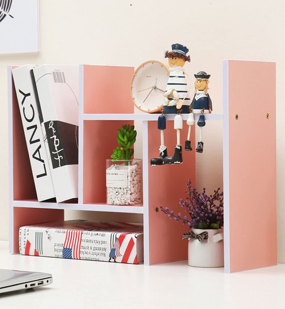 TKAS Desktop Organizer Bookshelf Office Storage Rack Adjustable Wood Display Shelf Home Decor Free Style Rotation Countertop Bookcase Office Supplies Desk Organizer Accessories (Pink)