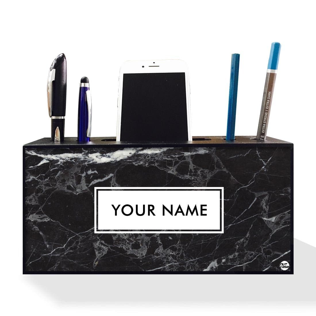 Nutcase Personalized Office Desk Name Plate Mobile Stand Holder Pen Stand -Wooden Desk Organizer- 4" x 2.1" x 8" - Black Marble