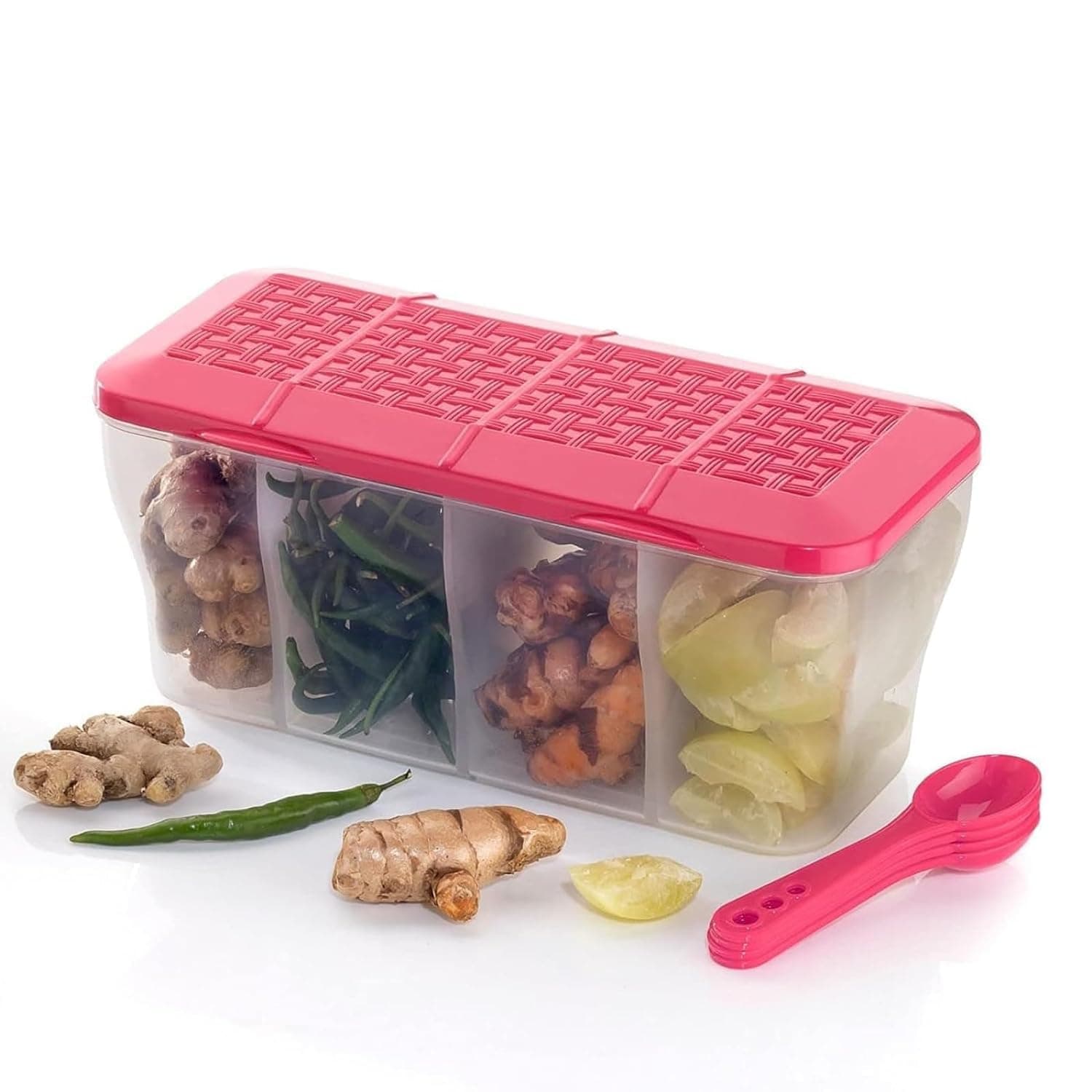 Multipurpose Plastic 4 in 1 Masala Box for Kitchen, Spice Boxes for Kitchen,4 Compartment Storage Containers Grocery,Cereal,Dry Fruits Dabba 1800 Ml with 4 Spoons(Pink)