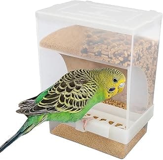 Old Tjikko No Mess Bird Feeder for Cage, Automatic Acrylic Seed Container with Large Hook, Install-Free Parrot Feeder for Budgerigar, Canary, Cockatiel, Parakeet, Finch