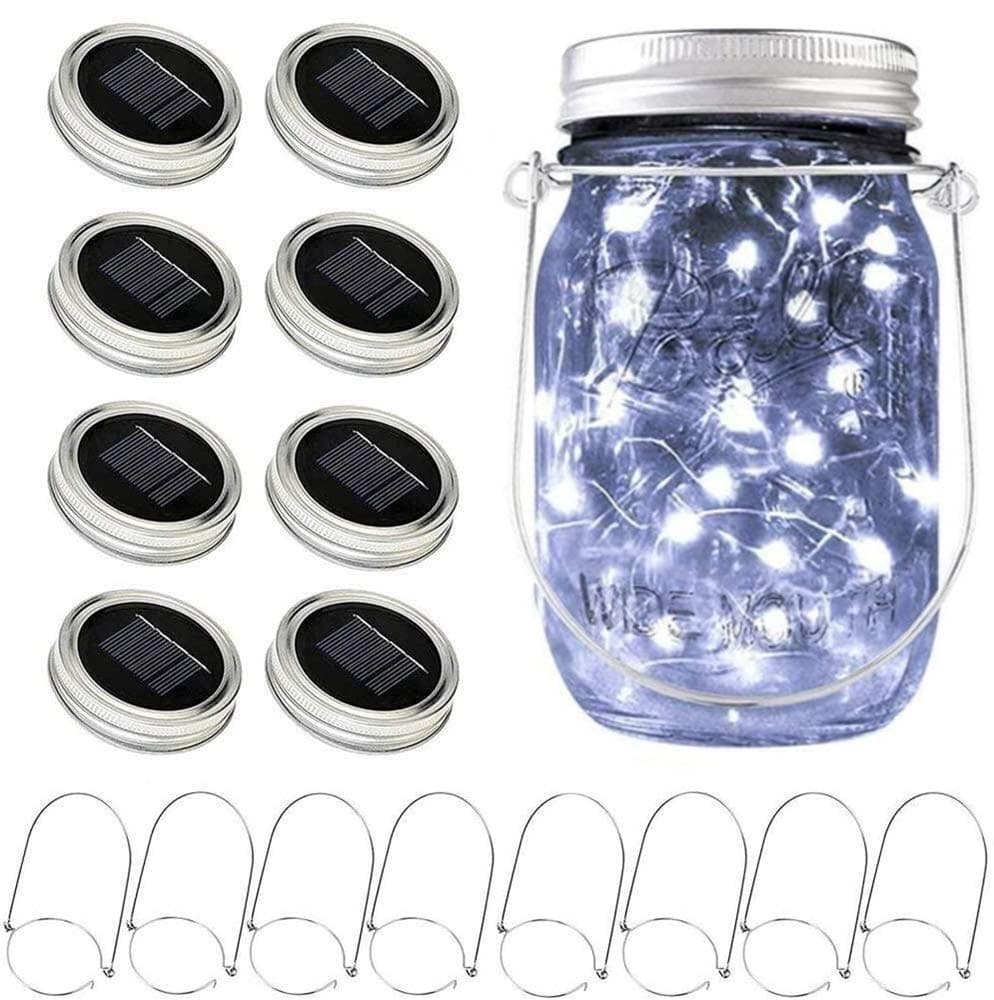 Solar Mason Jar Lights [Updated], 8 Pack 20 LED Waterproof Fairy Firefly Jar Lids String Lights with Hangers(NO Jars), Patio Yard Garden Wedding Decoration - Cool White