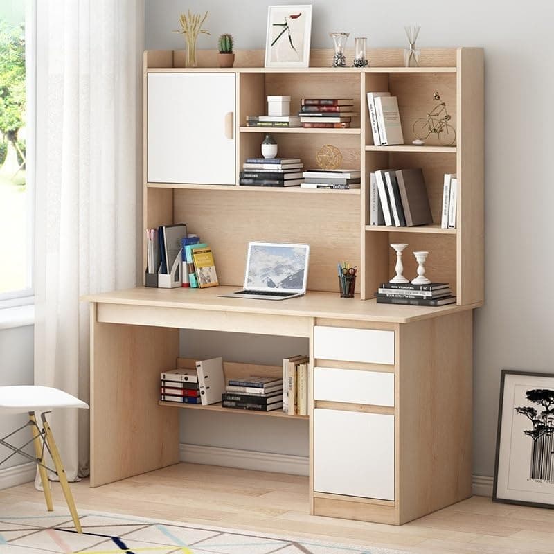 LITFAD Modern Computer Desk Work from Home Desk with Hutch, Bookcase and Integrated Cable Management, Rectangular Wood Office Desk 3 Drawers, 47.2" L x 17.7" W x 64.2" H, Natural