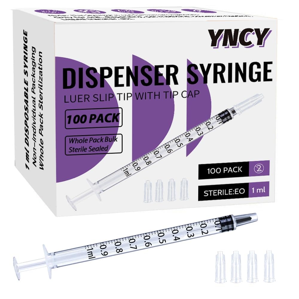 YNCY1ml Sryinge with Cap, Luer Slip Tip, Whole Pack Bulk Sterile Sealed, No Needle (100 pcs, 1ML)