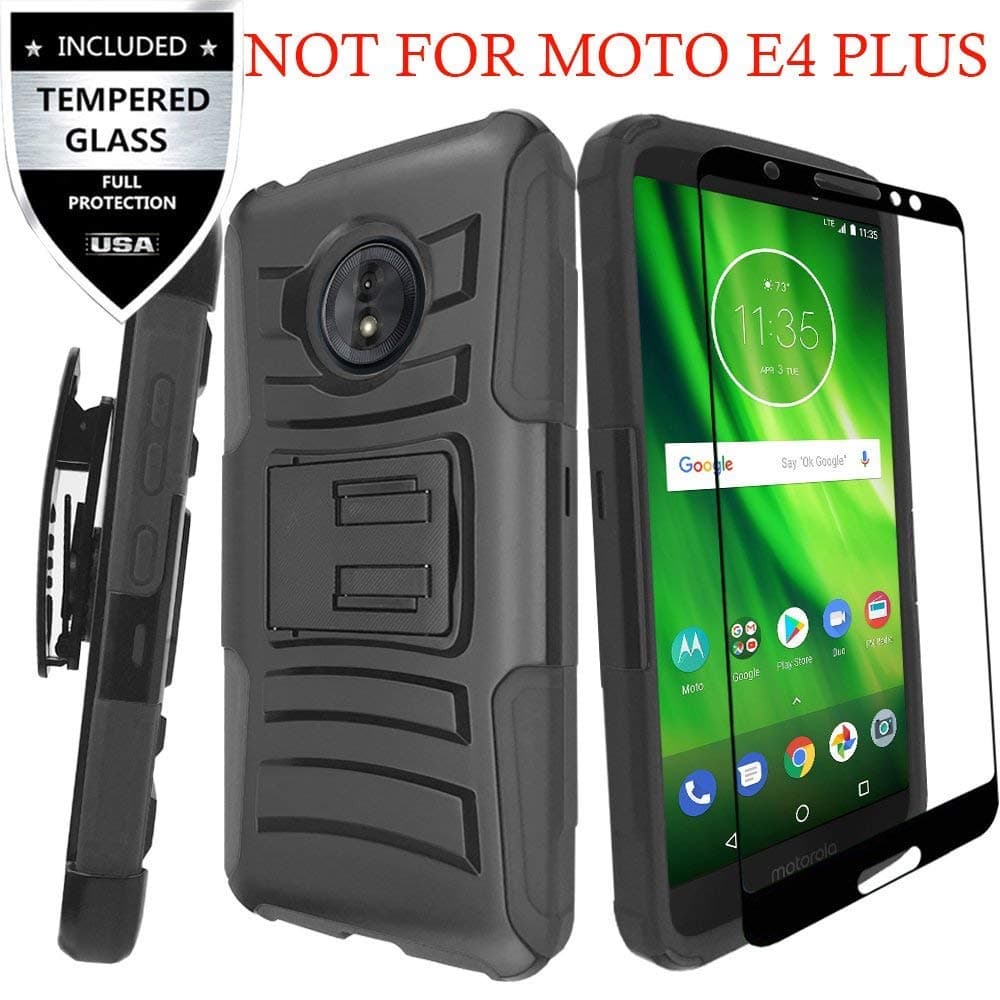 IDEA LINE Moto E4 Case with Tempered Glass Screen Protector, (TM) Heavy Duty Armor Shock Proof Dual Layer Holster Locking Belt Swivel Clip with Kick Stand - Black [Not Fit for Moto E4 Plus]