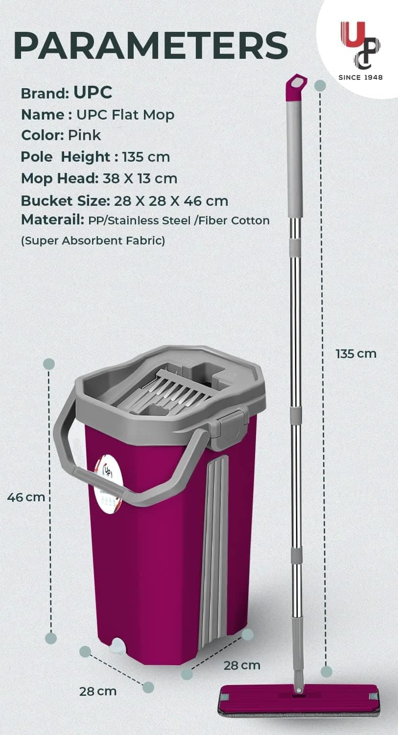 U.P.C. Hands-Free Squeeze Microfiber Flat Spin Mop System 360� Flexible Head (38X12.5 cm) with 1 Super-Absorbent Microfiber Pads, 59.8'' Extended Stainless Steel Handle
