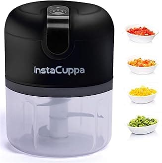 InstaCuppa Rechargeable Mini Electric Chopper, Stainless Steel Blades, One-Touch Operation, 1800 mAh Battery, USB C, Mince Meat, Cut Garlic, Ginger, Onion, Vegetables, Nuts, Black, 250 ML, 45 W