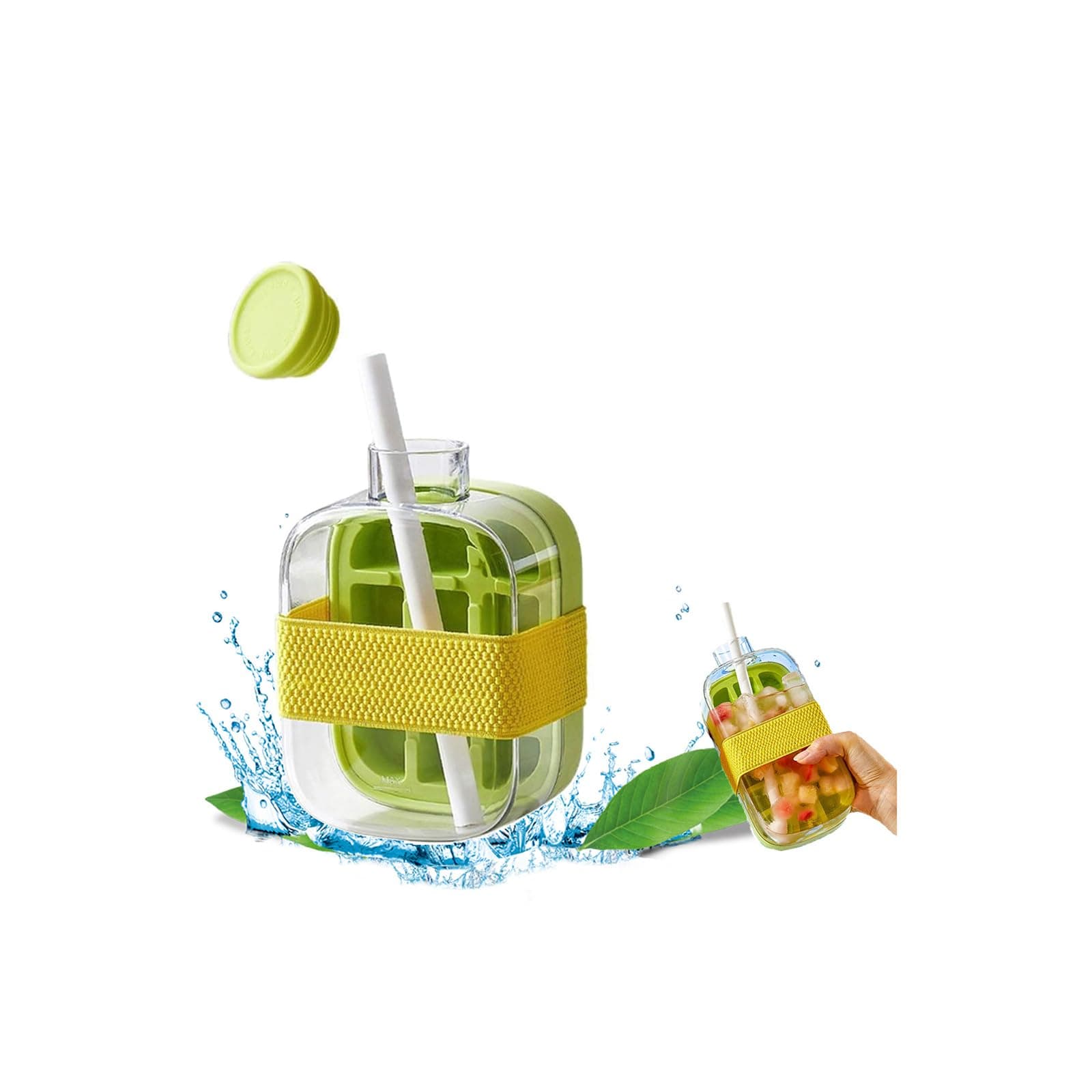 2-in-1 Ice Cube Bottle with Straw - Easy Press Ice Tray Water Bottle, Leak Proof Lid, Vertical Ice Maker for Freezer, Travel, Gym & Home Use (Green, 500ml)