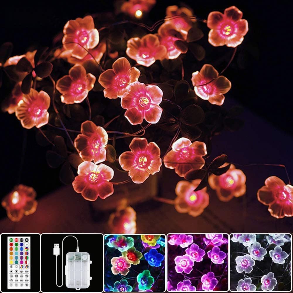 Multicolor Flower Lights Cherry Blossom String Lights Battery Operated & USB Powered, 13ft 40LED Fairy Lights with Remote Timer Decorative Lights for Nursery Girls Bedroom Dorm Wedding Décor