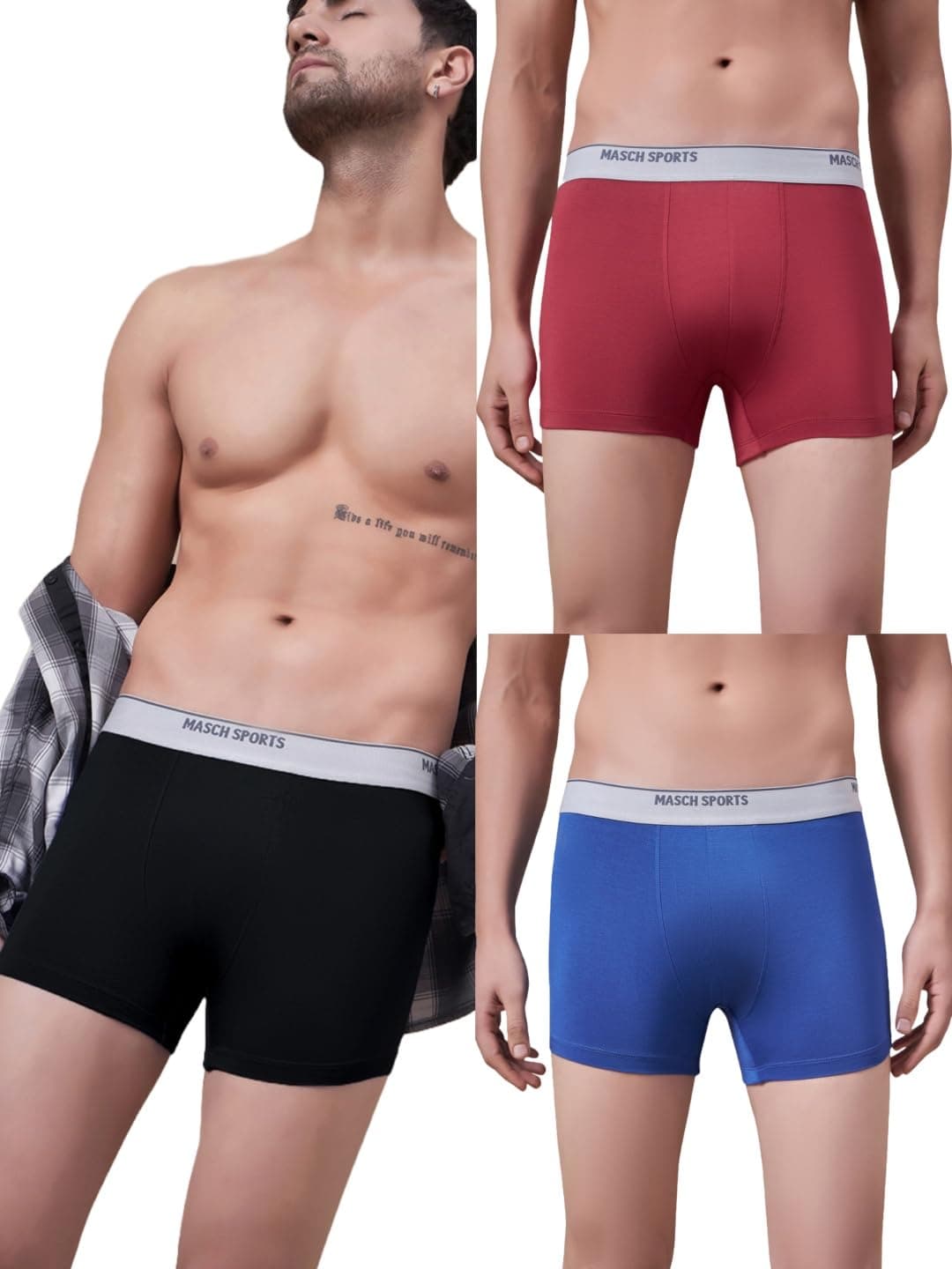 Masch Sports Pack of 3 Solid Regular Fit Micro Modal Elastane Blend Trunks for Men | 3X Softer Than Cotton, Moisture Wicking, Microfibre Text Waistband, Stretchy Fabric