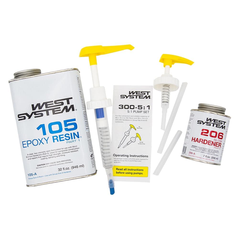 West System 105A Epoxy Resin (32 fl oz) Bundle with 206A Slow Epoxy Hardener (7 fl oz). Also Includes one Resin and one Hardener Pump.