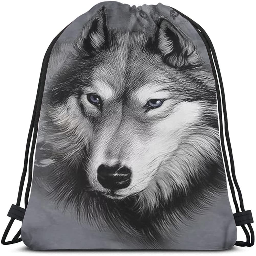 Animal Series Wolf Drawstring Backpack Bag - Hand Drawing Portrait, Cool Wild Wildlife Sport Gym Sack, Yoga Bag for Men & Women