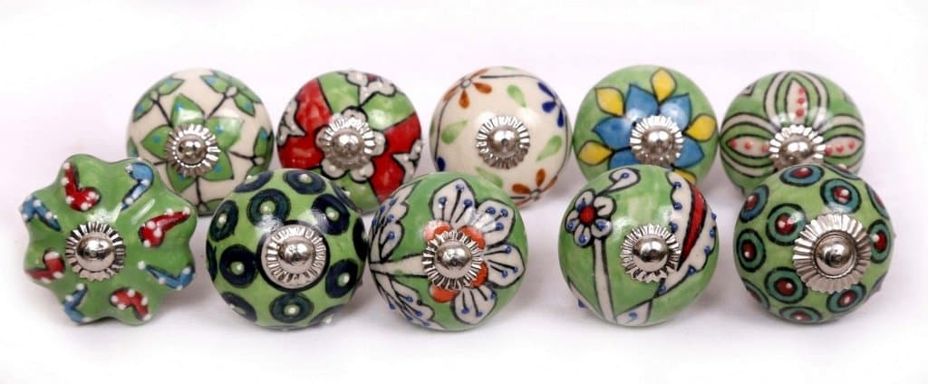 Indian Knobs 10 Ornated Green Emboss Hand Painted Ceramic Door Knobs Cabinet Drawer Knobs