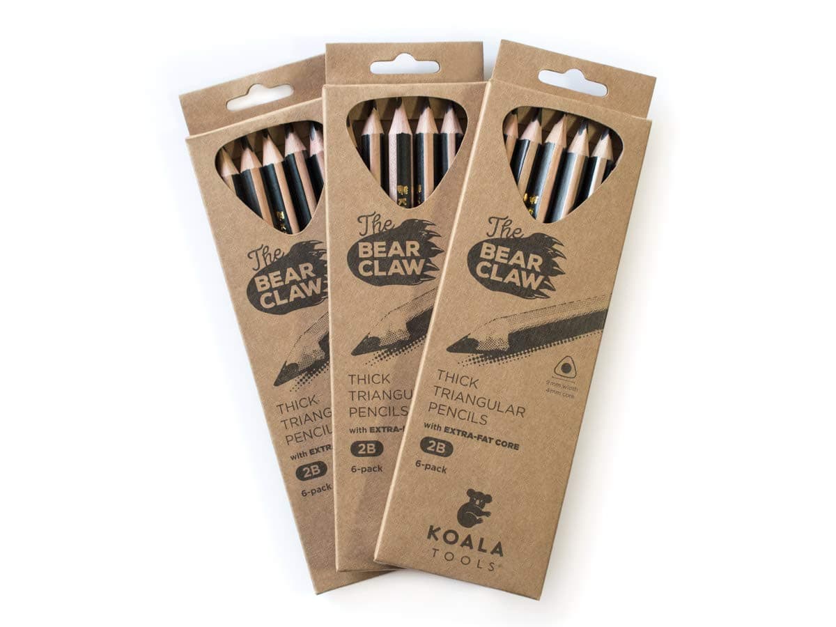 KOALA TOOLS | Bear Claw Pencils 3-Pack (18 Pencils) - Fat, Thick, Strong, Triangular Grip, Graphite, 2B Lead with Eraser - Suitable for Kids, Art, Drawing, Drafting, Sketching & Shading