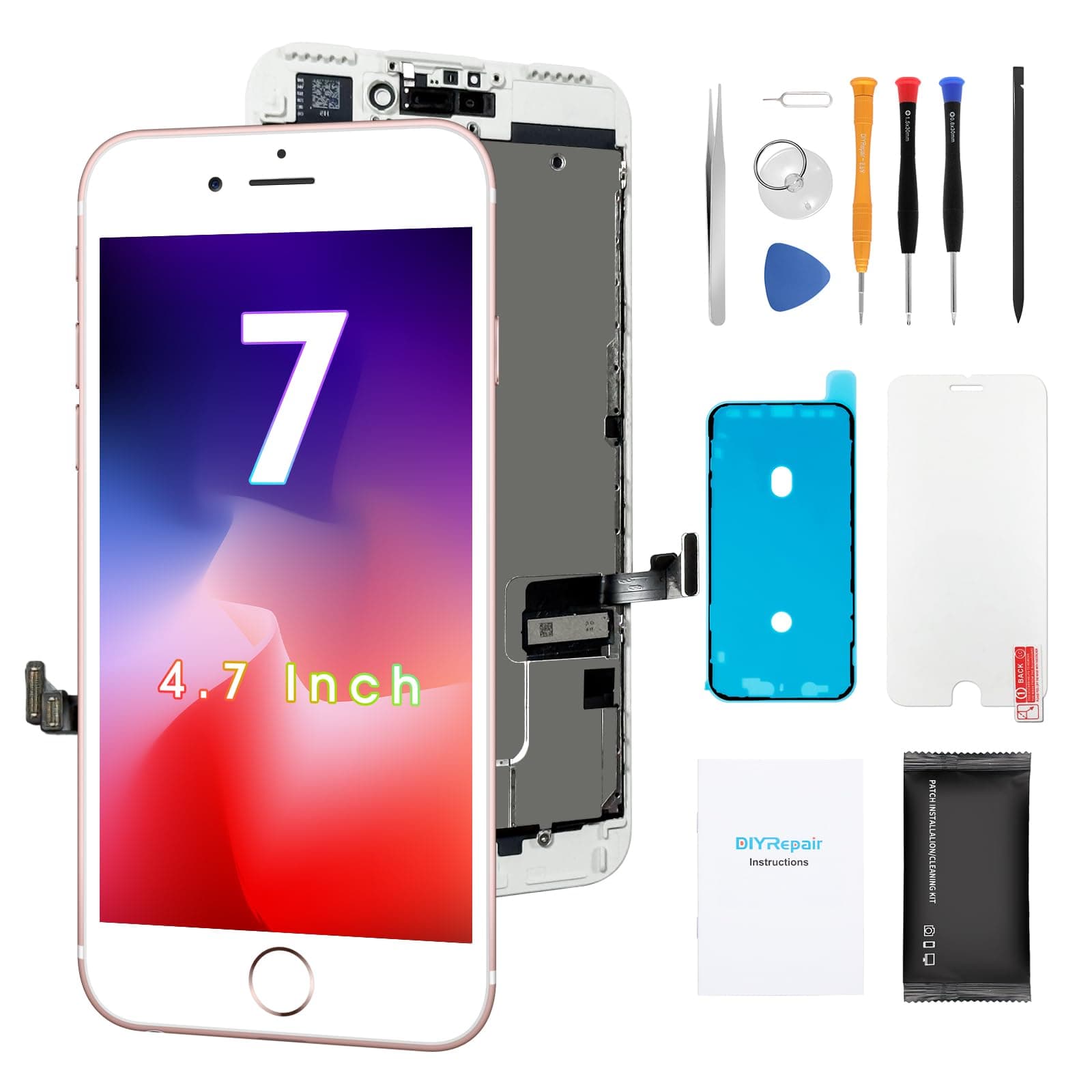 for iPhone 7 Screen Replacement 4.7', 3D Touch Display Full HD Repair kit, Digitizer Assembly with Tools Set, Tempered Glass, Instruction(White)