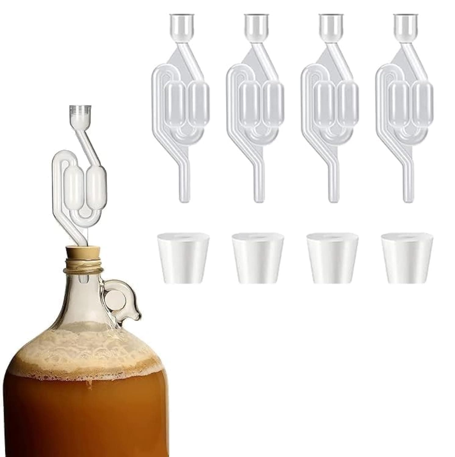 Goreem 4 Pack S-Shape Airlock for Fermentation with 4 Stoppers, Mason Jar Fermenting Brewing Airlock,Transparent Airlock Design,No Leaks,Ensure Food Safety,for Home DIY Fermentation