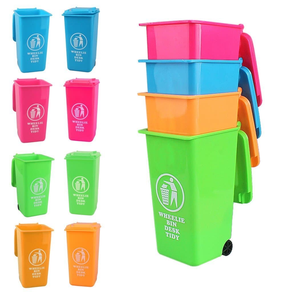 Mini Stationery Desk / Kitchen Tidy Wheelie Bin - 16cm - Assorted Colours - Pink, Green, Red and Blue (2 pack)