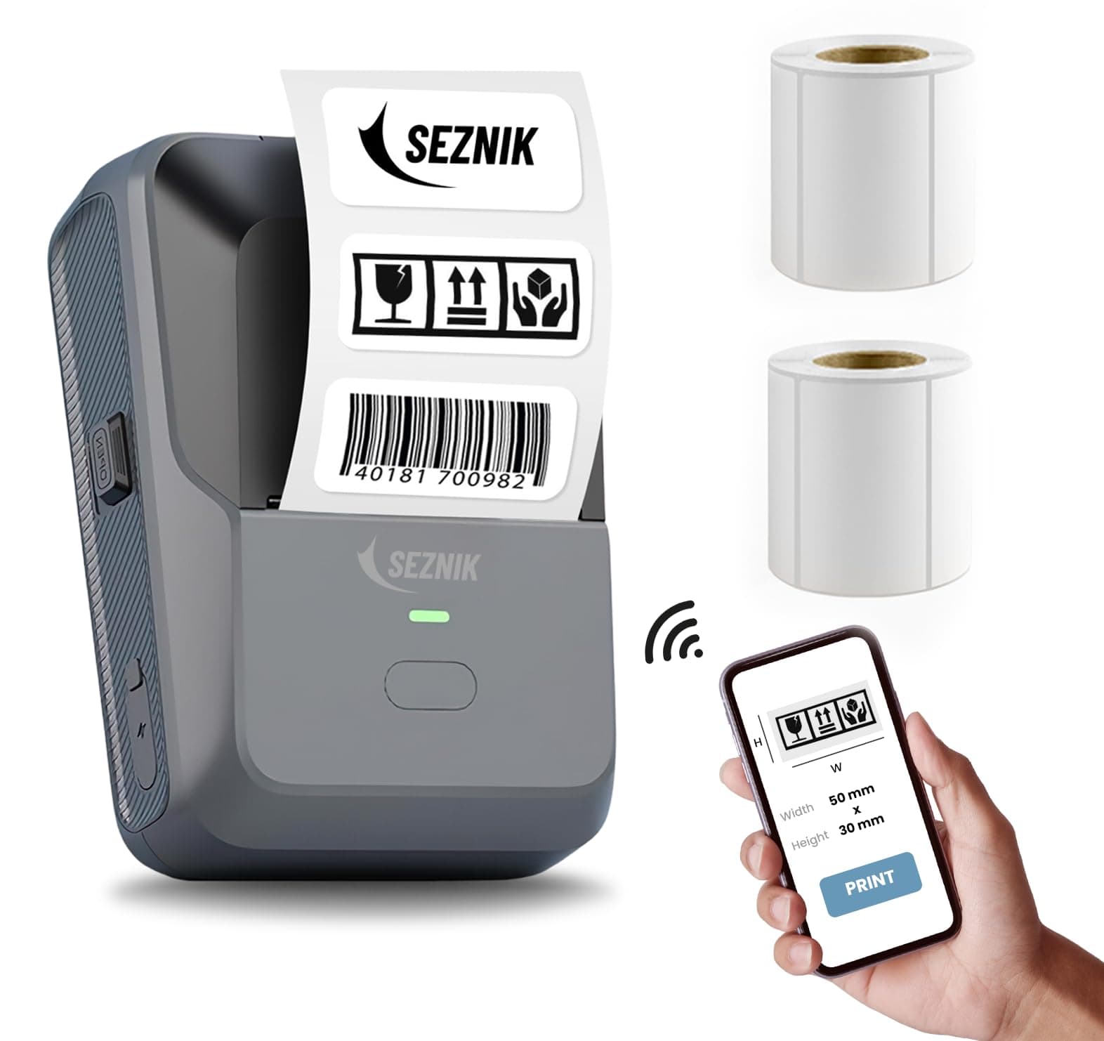 SEZNIK Josh Bluetooth Thermal Label Printer | Inkless Mini Rechargeable | MRP, Barcode, Excel File Print | Cloud, Mobile, Desktop | Jewellery, Round Labels | 2-inch Print | Free App | 1 Year Warranty