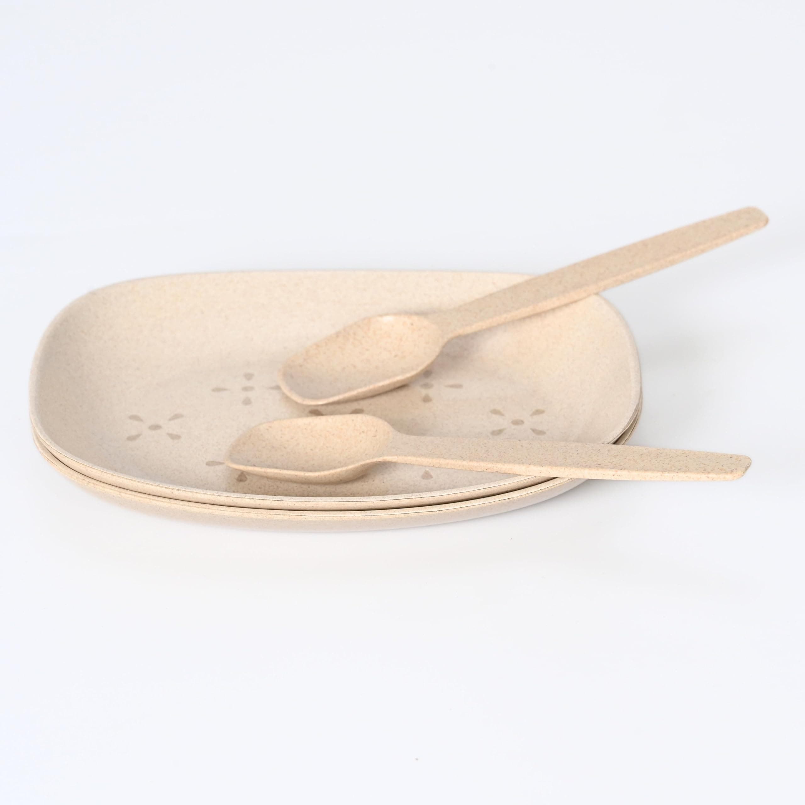 Eha Earth-Friendly Small Snack Serving Plates Set of 2 with Spoons | 6 inch | Small Snack Plate Made with Bamboo Fibers & Rice Husk Fiber | Microwave Safe | Dessert Plates | Sand Castle