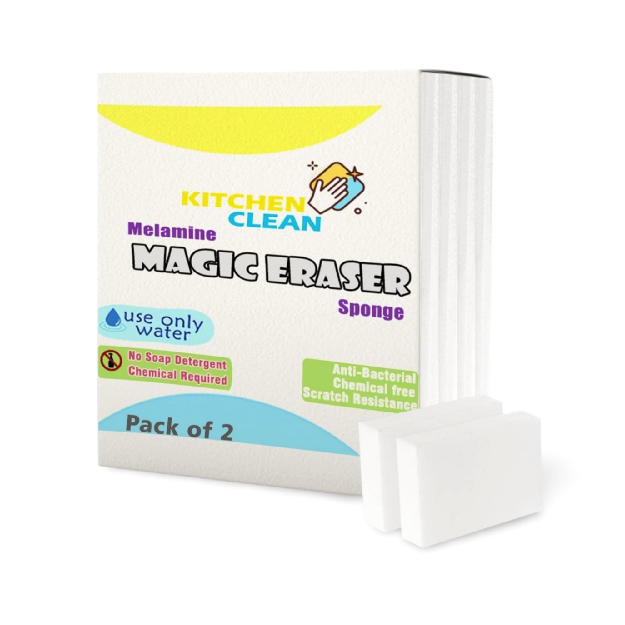 Kitchen Clean™ Magic Eraser Sponge for Wall and Kitchen | Nano Tech Chemical-Free | Bathroom Tiles Cleaning, Stain Remover, Wall Pencil Marks Remover, Lime Scale Remover (Pack of 2)