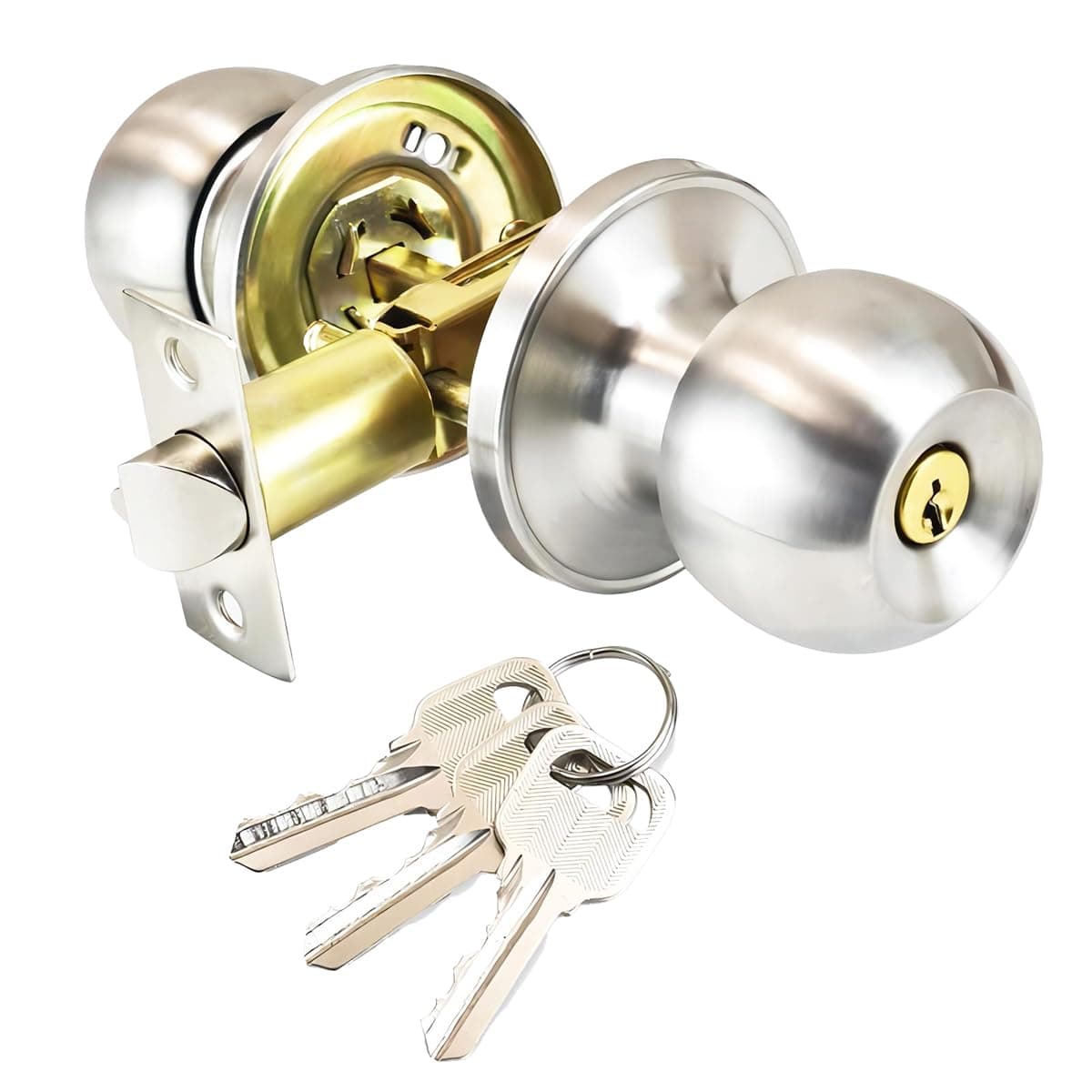 Qrity Stainless Steel Entracne Passage Door Handle Lock Knobs Lock Set - Key Lock - Copper Lock Core - Locking Size 60/70mm