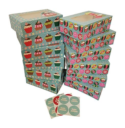 Christmas Cookie gift boxes; rectangular with clear window; colorful paperboard with holiday designs; set of 12 with 12 stickers for sealing (Colorful Jax - NO STICKERS)