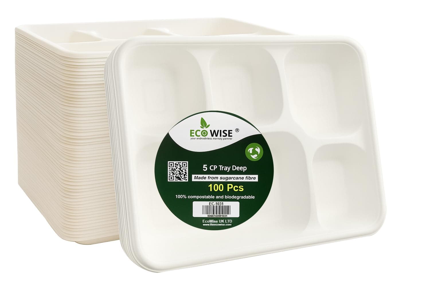 Best House EcoWise 100% Compostable and Biodegradable 5 Compartment Dinner Plates, 5CP Food Tray, Eco-Friendly Sugarcane Paper Trays (Pack of 100 PCS)