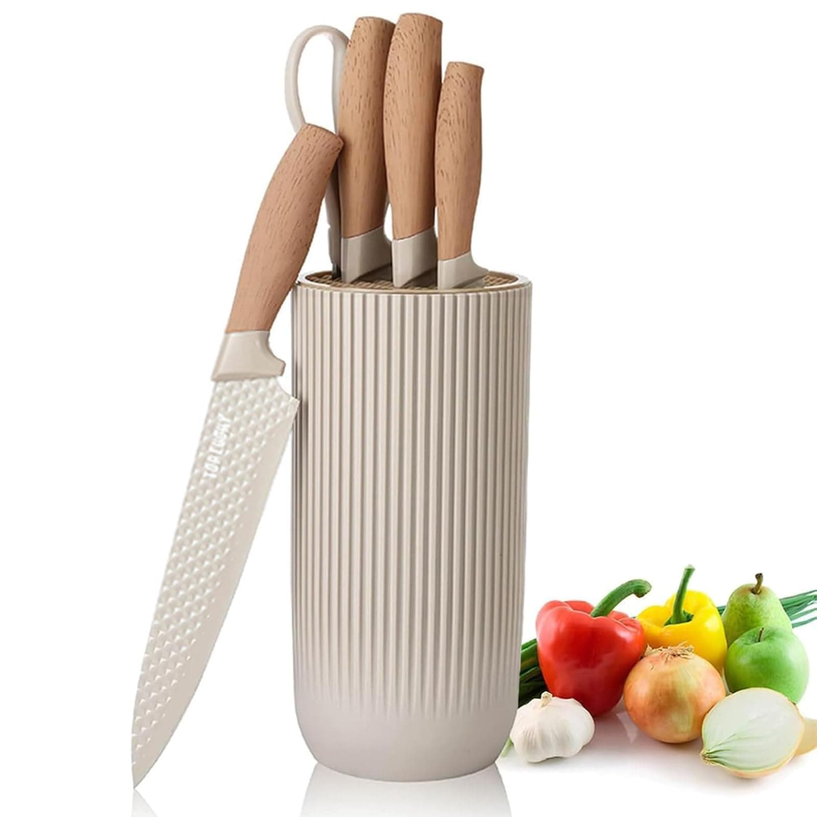Kitchen Knife Set, Retrosohoo 6-Pieces Khaki Sharp Knife Block Sets for Kitchen, Non-stick Non-slip Stainless Steel Chef knives with Universal Block Suitable for Home Restaurant (Khaki)