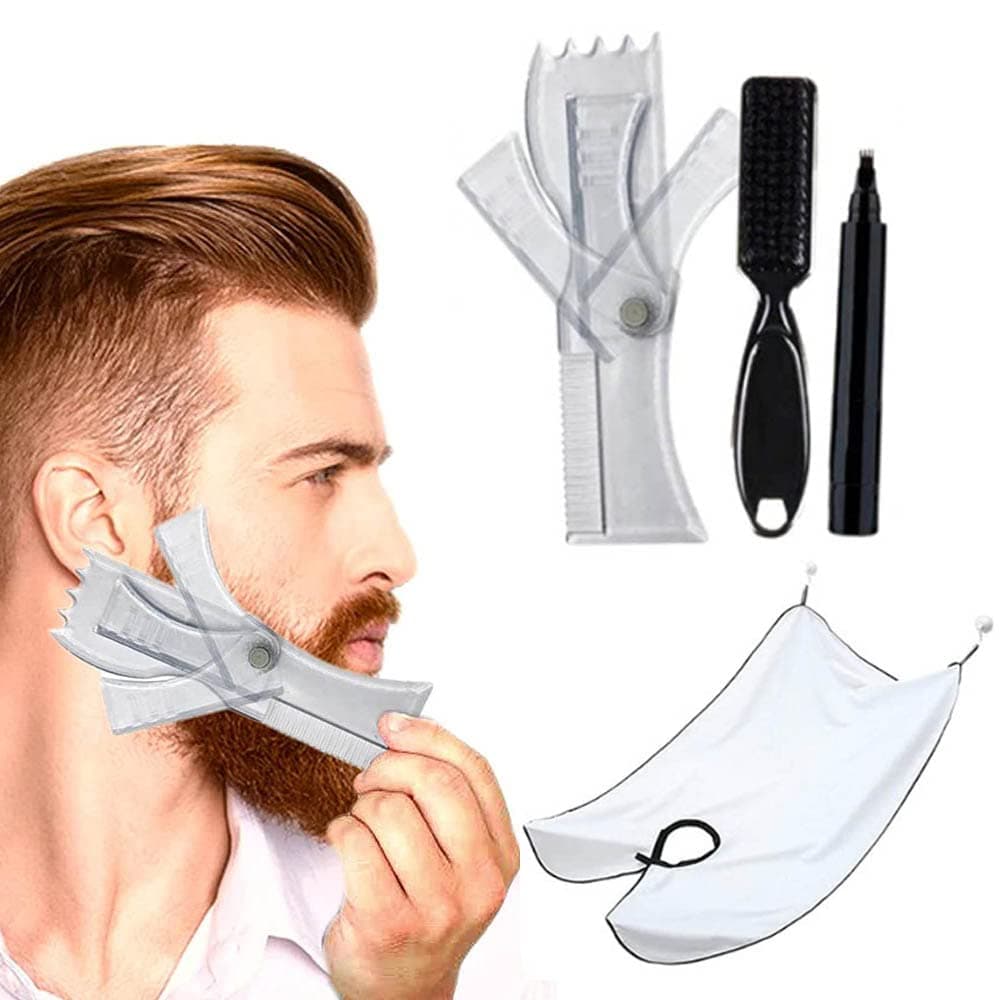 Goodern 4 Pcs Beard Shaping Tool Kit Shaving Bib Adjustable Beard Template Tools Beard Pencil Filler and Beard Brush Complete Shaping Styling Tool for Boy Men Beard Stencil Guide Template Outliner Kit