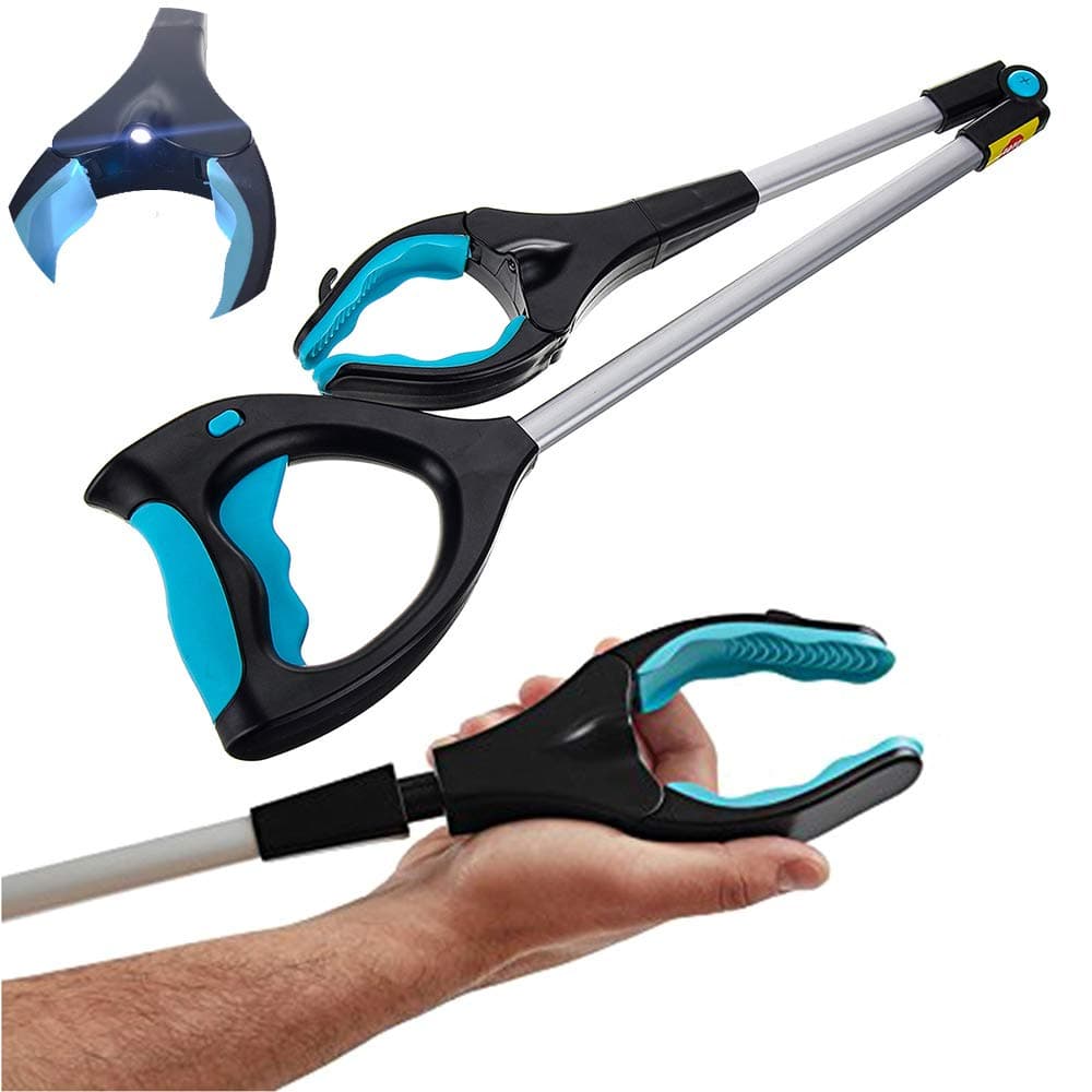 Funito Extendable Grabber Reacher Tool with Headlight, 82cm Foldable Lawn Trash Picker Upper Grabber, 90° Rotating Anti-Slip Jaw, Heavy-Duty Stick, Portable Claw Grabber for Elderly