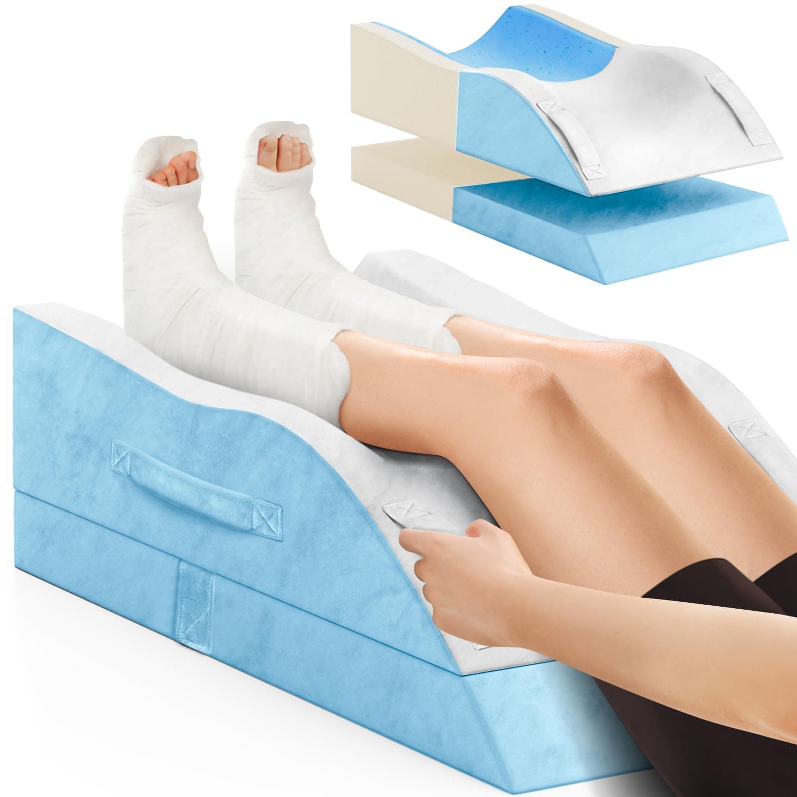 Double Leg Elevation Pillows, Wedge Pillow for After Surgery, Memory Foam Support Adjustable, Comfort Care for Back Knee Hip Ankles Pain, Knee Pillow for Sleeping Blood Circulation Light Blue & White