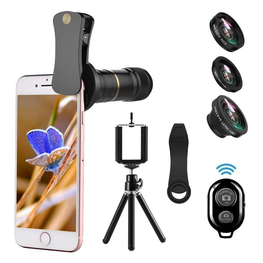 Camera Lens Compatible for iPhone X, 4 in 1 Cell Phone Lens, 12X Telephoto Lens + 180° Fisheye Lens + 0.65X Wide Angle Lens & Macro Lens Compatible with iPhone X XS XR 8 7 6 Samsung