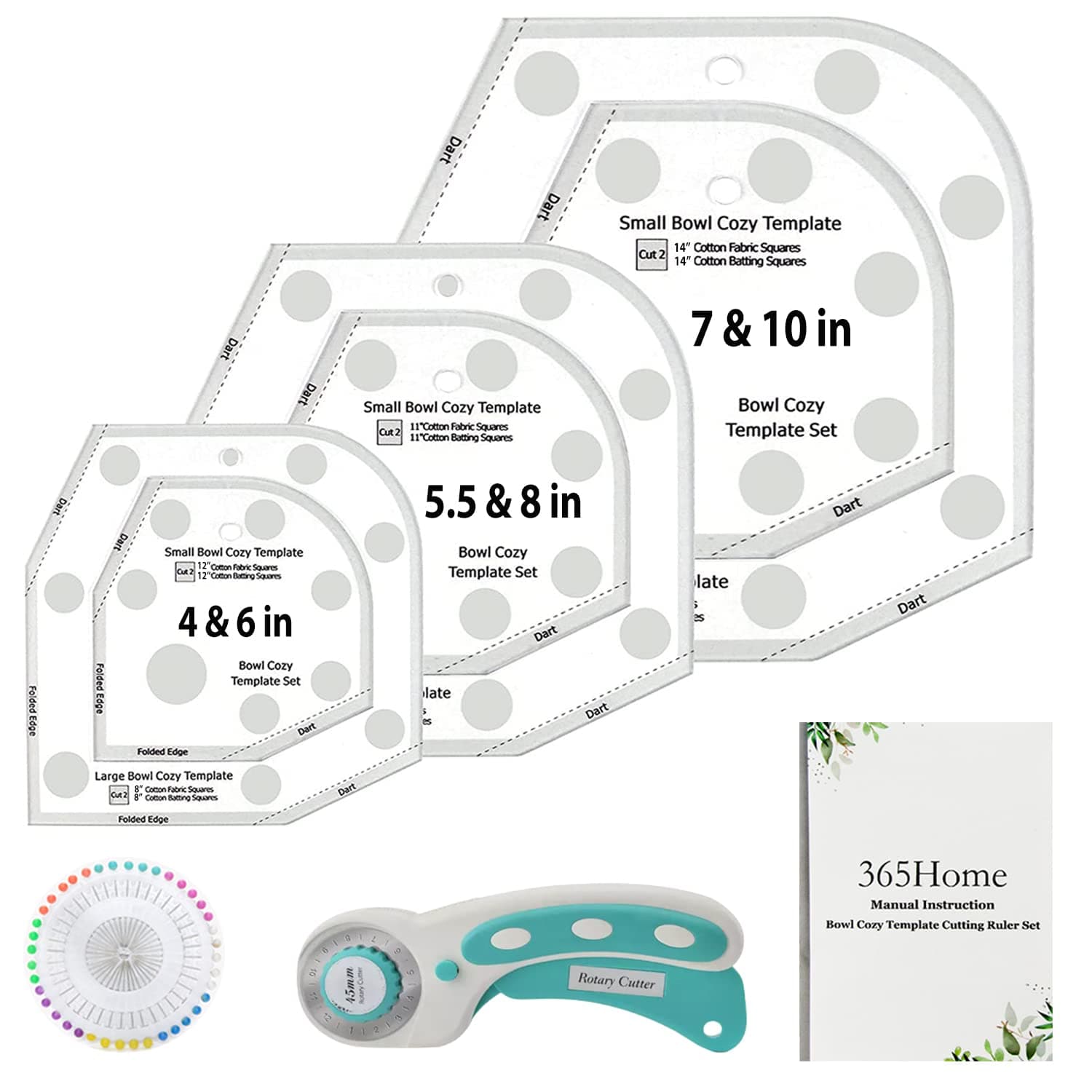 Bowl Cozy Template 3 Sizes, Bowl Cozy Pattern Template Cutting Ruler Set with 40 Pcs of Sewing Pin and Manual Instruction & Rotary Cutter