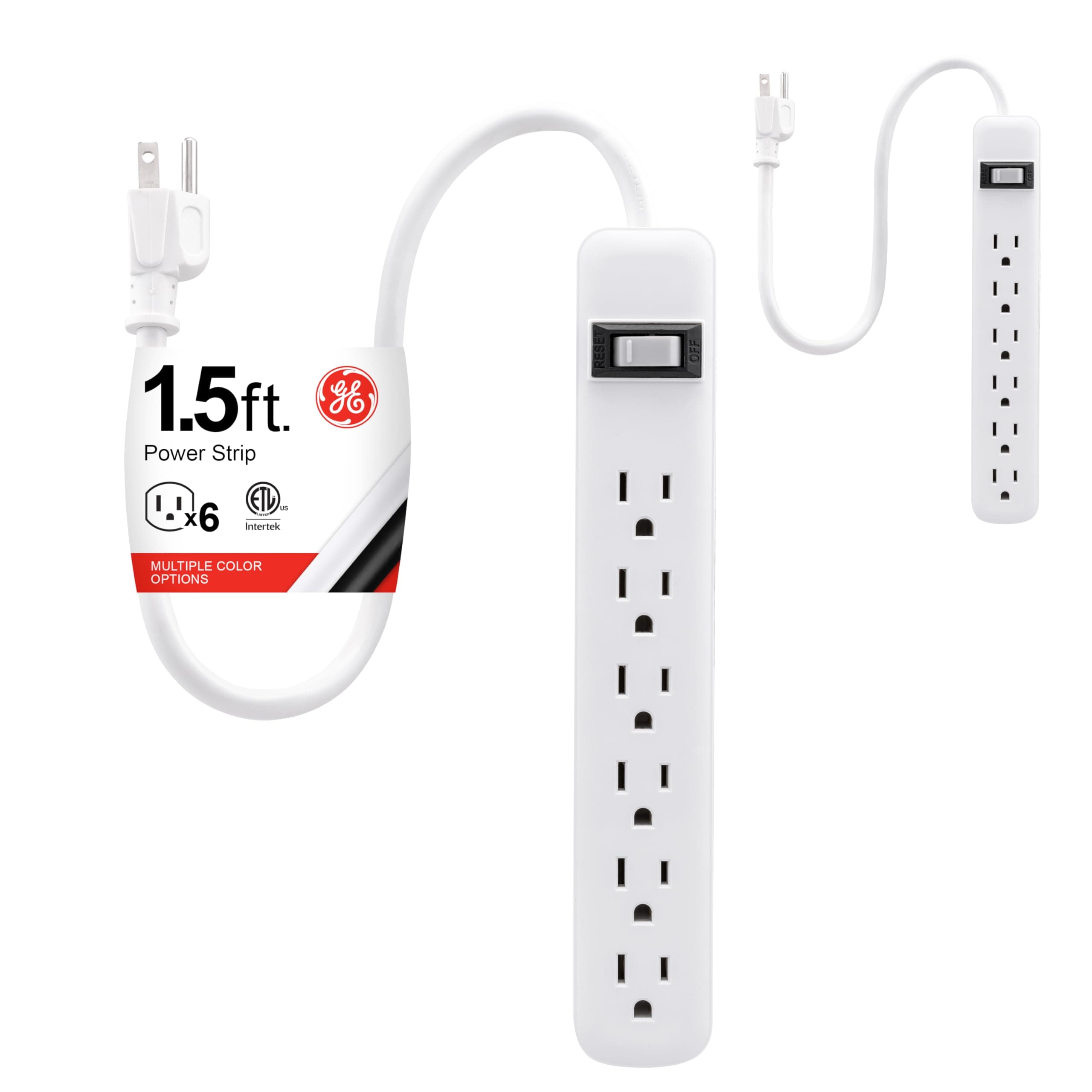 GE 6-Outlet Power Strip, 2 Pack, 1.5 Ft Extension Cord, Heavy Duty Plug, Grounded, Integrated Circuit Breaker, 3-Prong, Wall Mount, ETL Listed, White, 14833