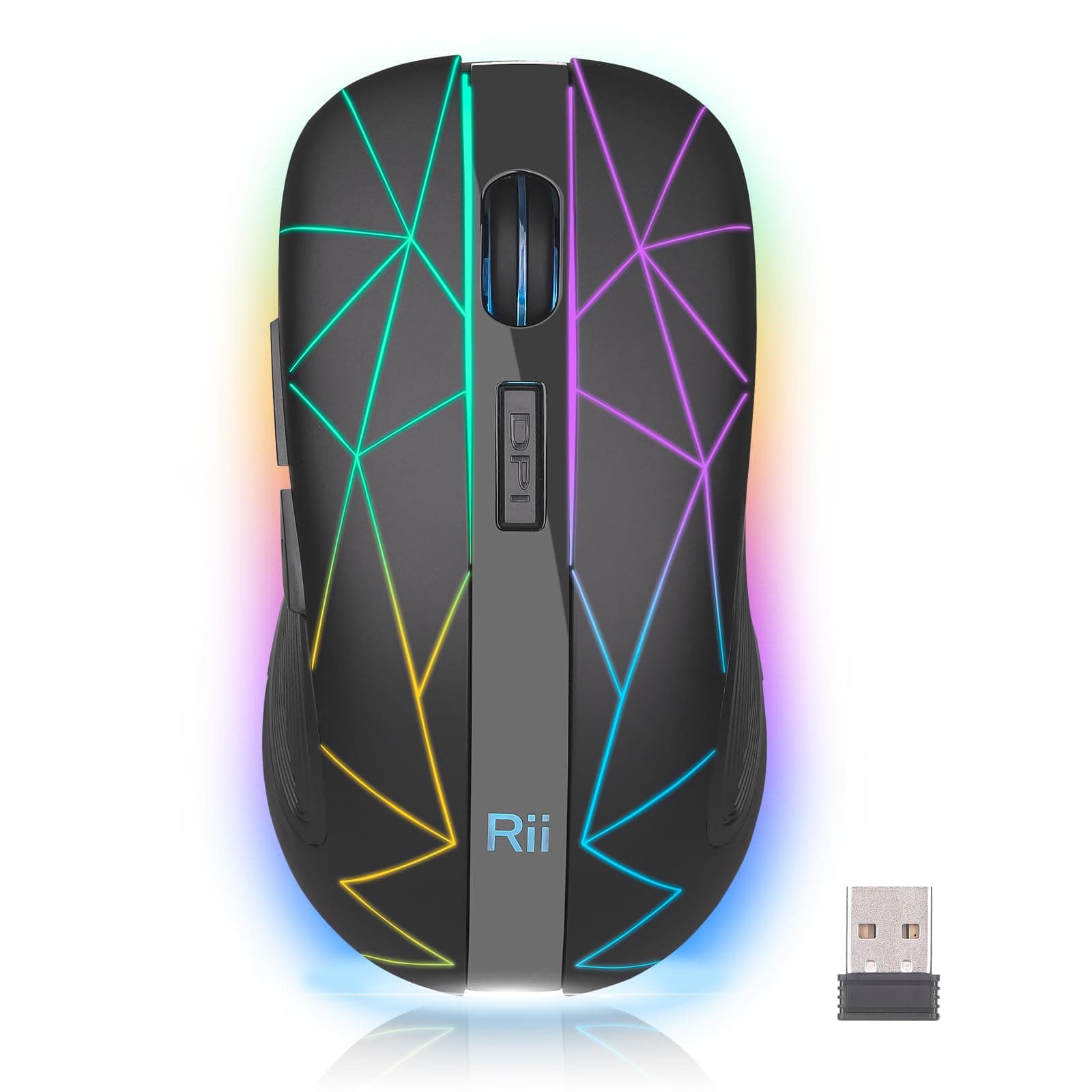 RM200 2.4G Wireless Mouse with USB Nano Receiver, 5 Buttons Rechargeable Mouse,Colorful Backlit RGB Gaming Mouse for Notebook,PC,Computer-Black