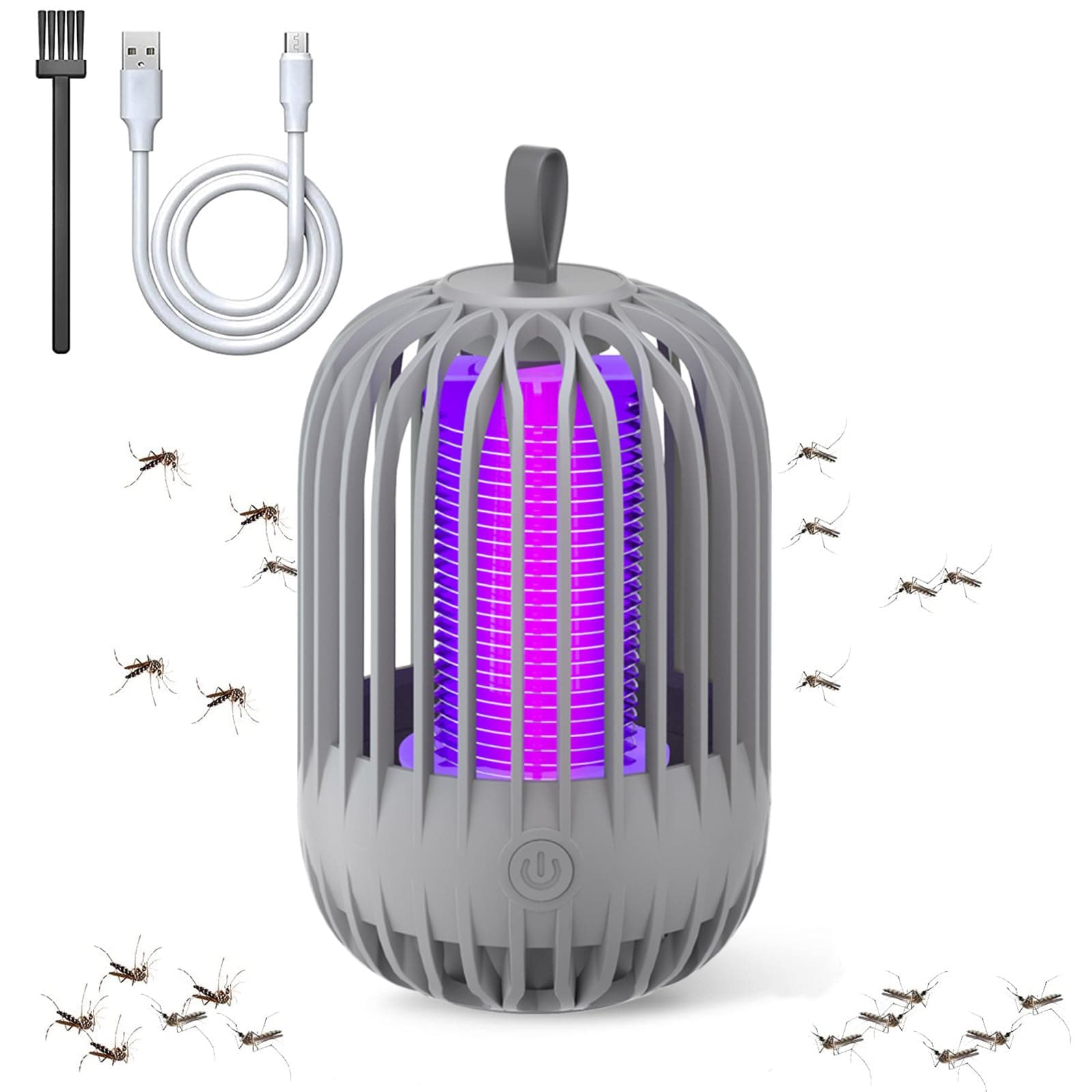 Portable Mosquito Killer Lamp, Mini Fly Killer Electric Fly Bug Zapper, 360° UV Killing Lamp Portable USB Power 2 in 1 Fly Zapper Night Light for Home Bedroom Garden, Indoor and Outdoor (Grey)