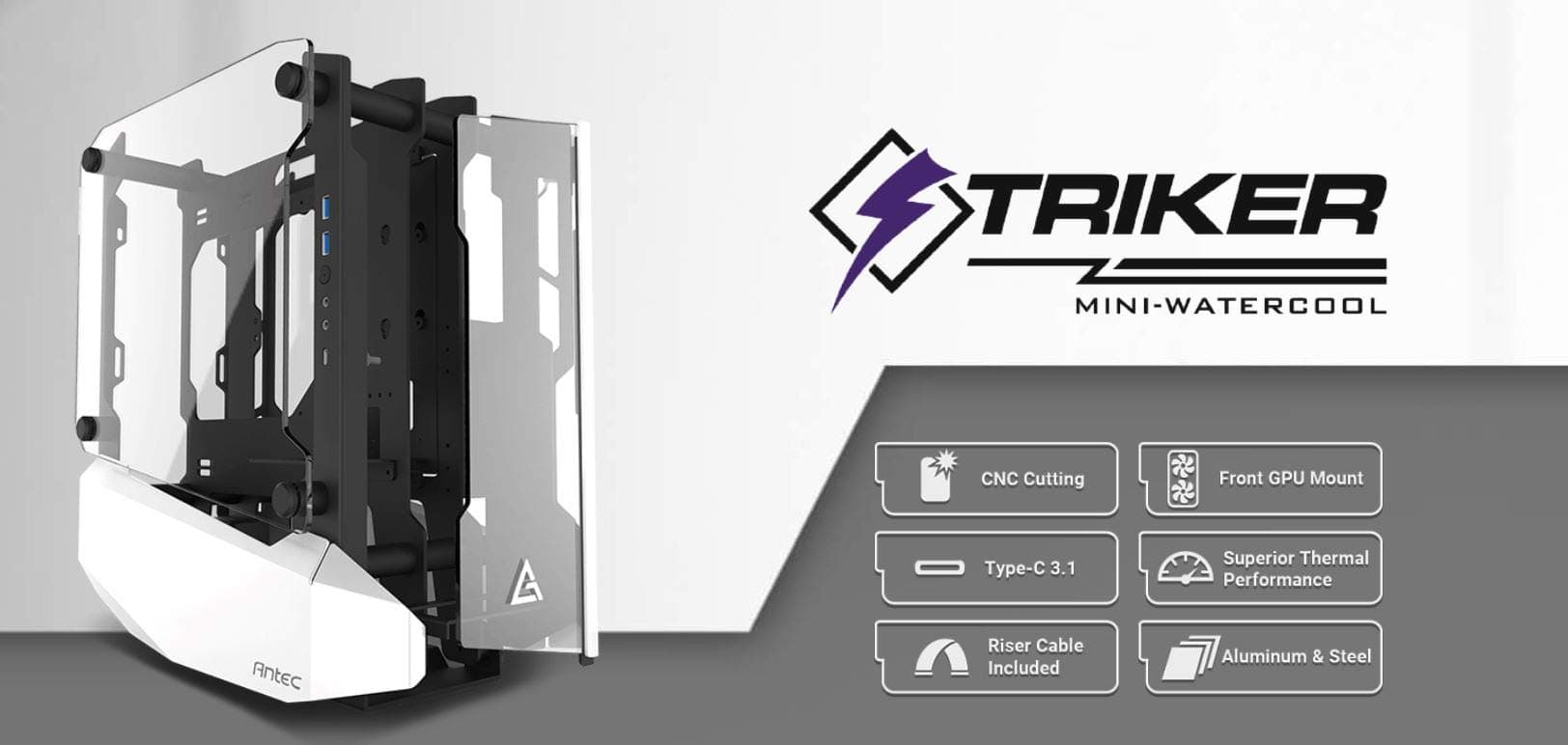 Antec Striker Aluminum And Steel Itx Computer Case, Front Gpu Mount, Up To 4 X 120 mm Fan Support, Usb 3.1 Type-C Ready And Pci-E Riser Included (Striker Mini)